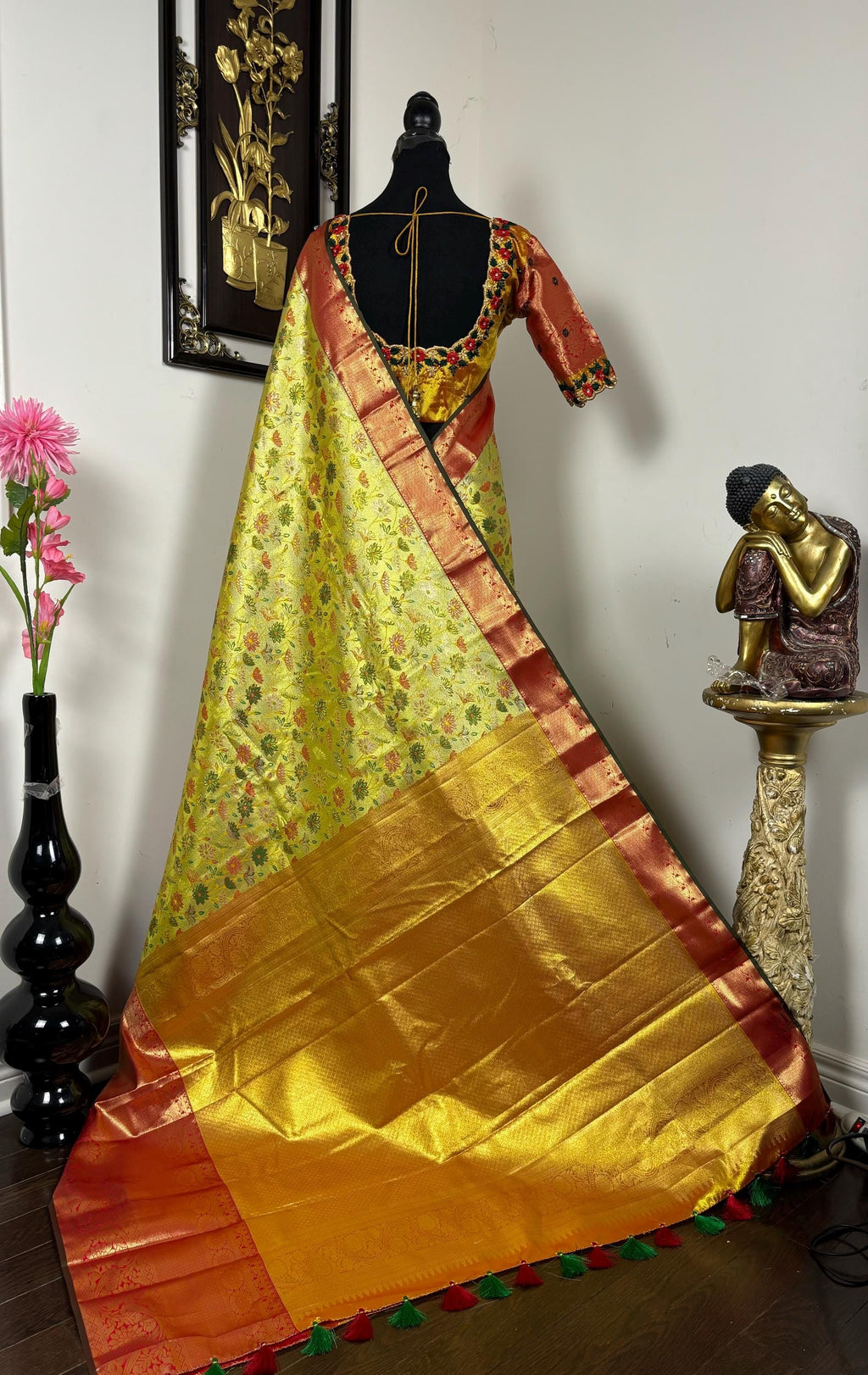 Kanchipuram tissu silk saree in rare colors with beautifully done hand  made embroidered blouse with ready to wear work blouse fits 32 to 46