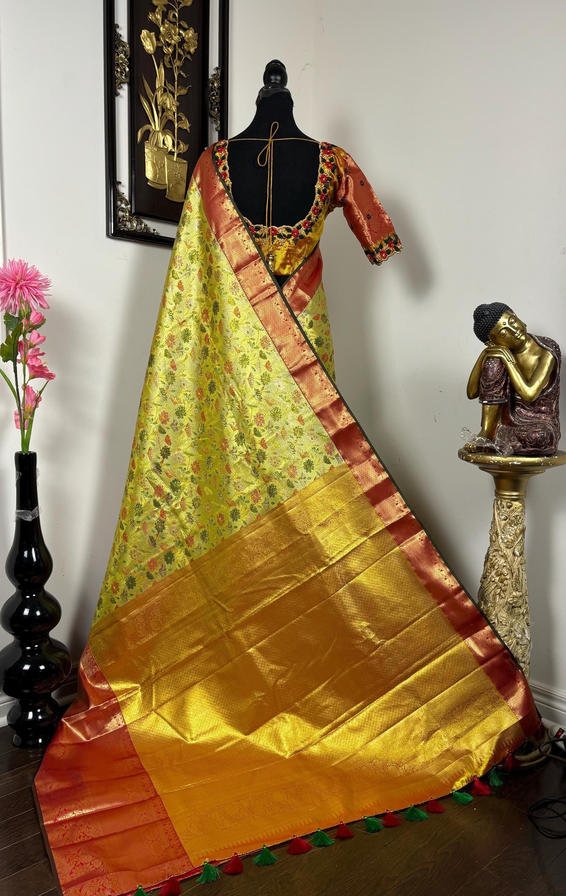 Kanchipuram tissu silk saree in rare colors with beautifully done hand  made embroidered blouse with ready to wear work blouse fits 32 to 46