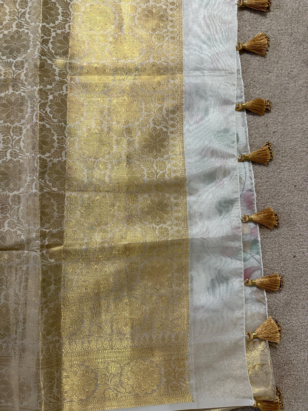 Beautiful soft cream color mango silk saeee with kalamkari saree along with embroided blouse ready to wear