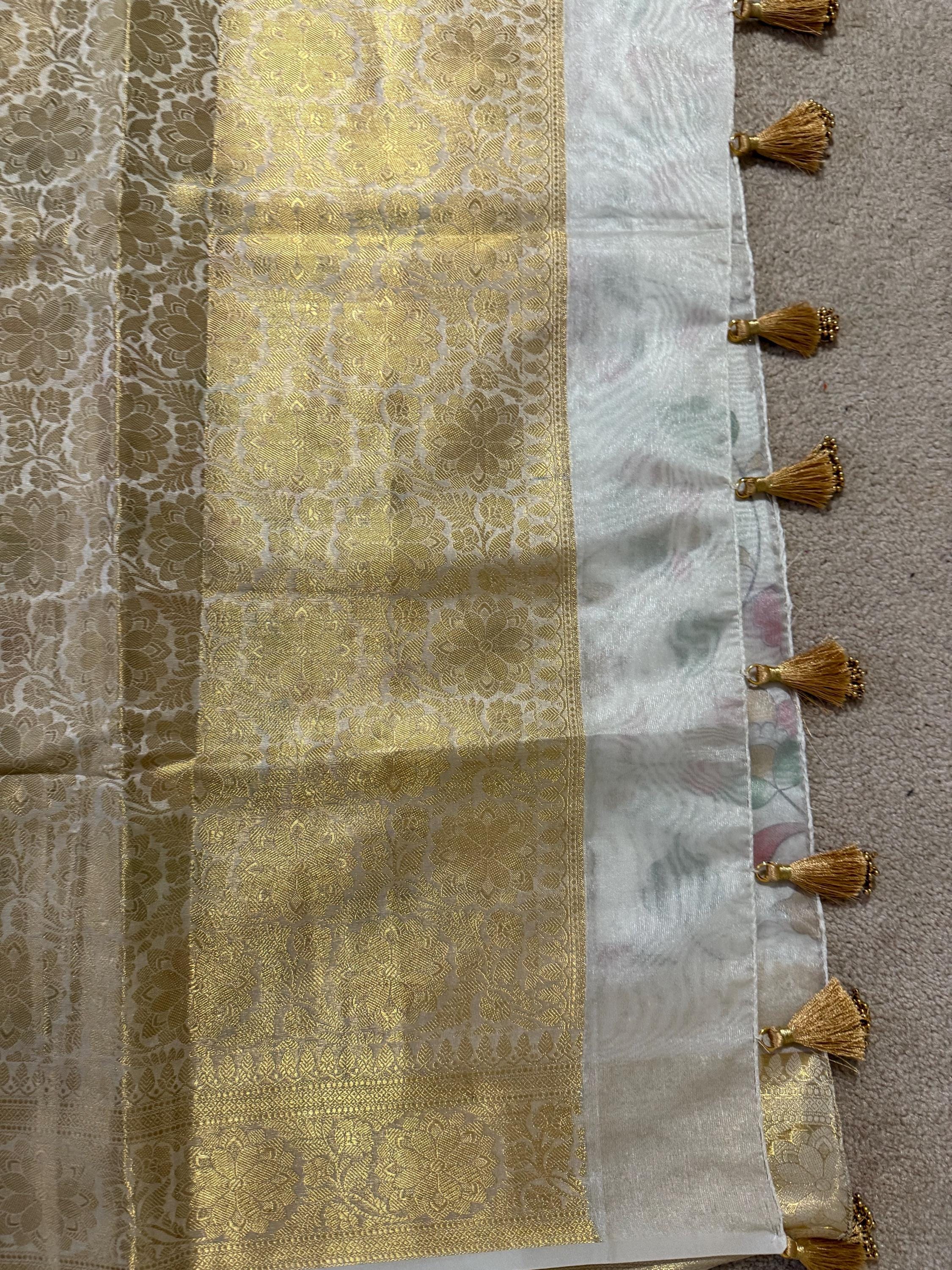 Beautiful soft cream color mango silk saeee with kalamkari saree along with embroided blouse ready to wear