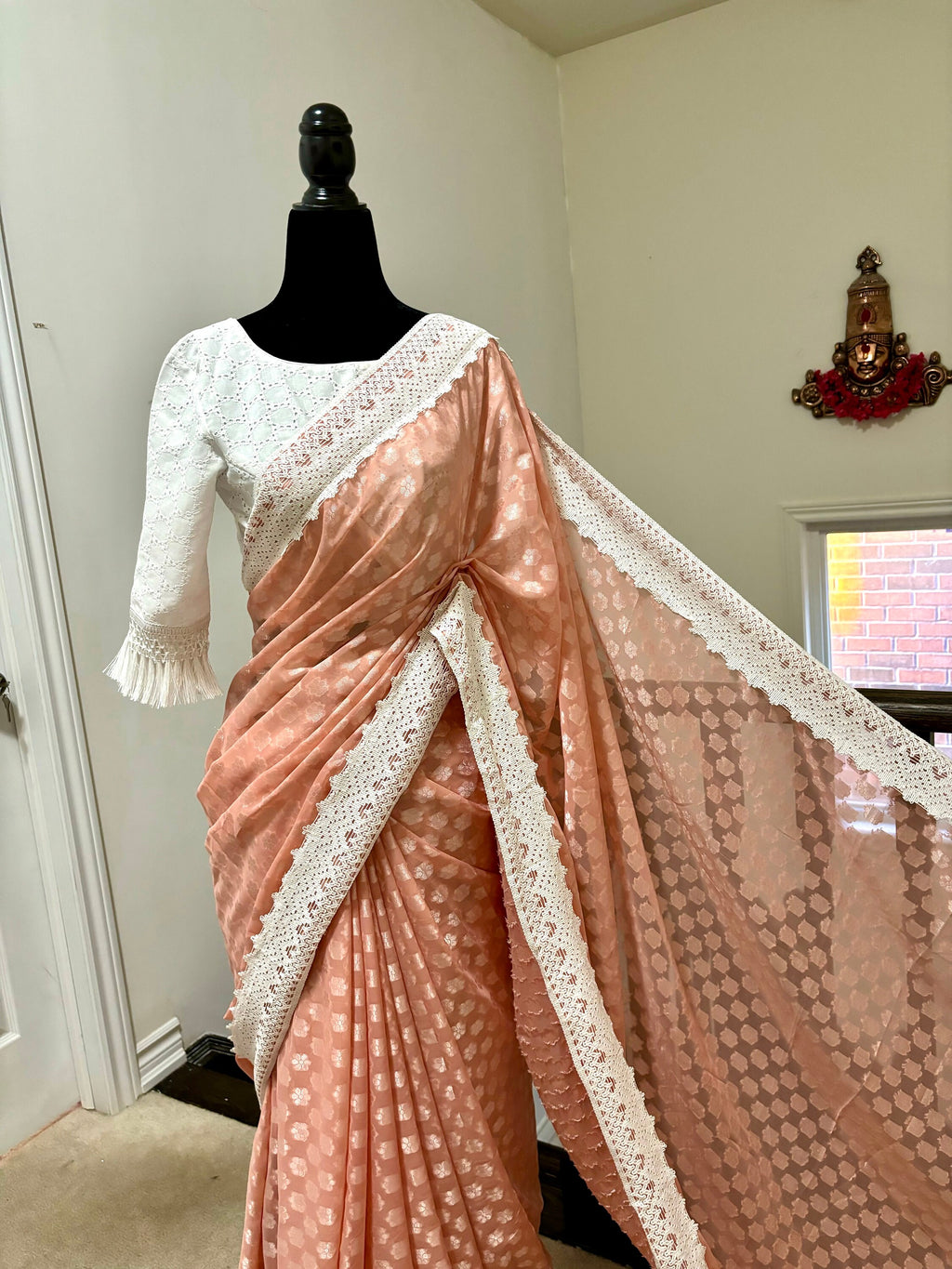 Beautiful soft falling  georgette on  sabyasachi  lace borders unique eye  cooling pestal shades. Ready to wear designer blouse fits 32-44