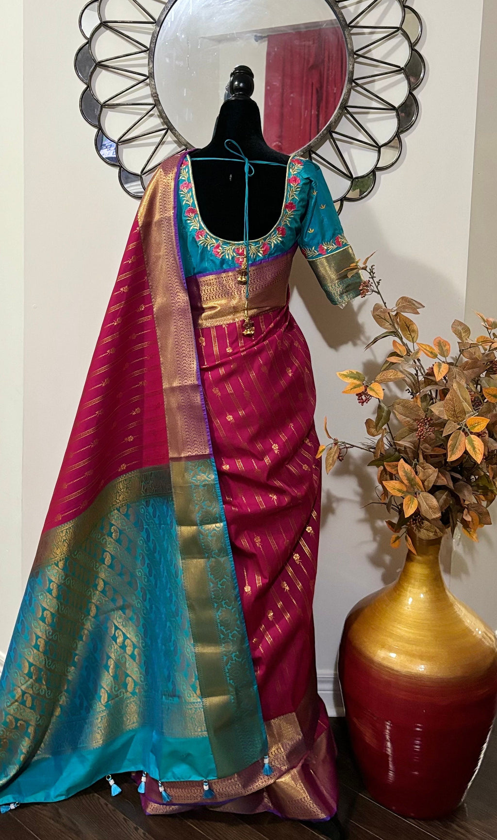 Kanchipuram soft silk saree in rarecolors with beautifully done hand  made embroidered blouse with readytowear work blouse fitsup to32 to 46
