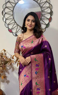 Beautiful Banarasi pythani saree in gold color with beautiful boarder and beautiful Pallu. Bridal ready to wear blouse fits to 32-44