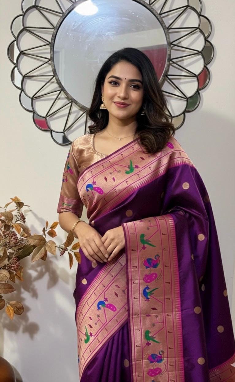 Beautiful Banarasi pythani saree in gold color with beautiful boarder and beautiful Pallu. Bridal ready to wear blouse fits to 32-44