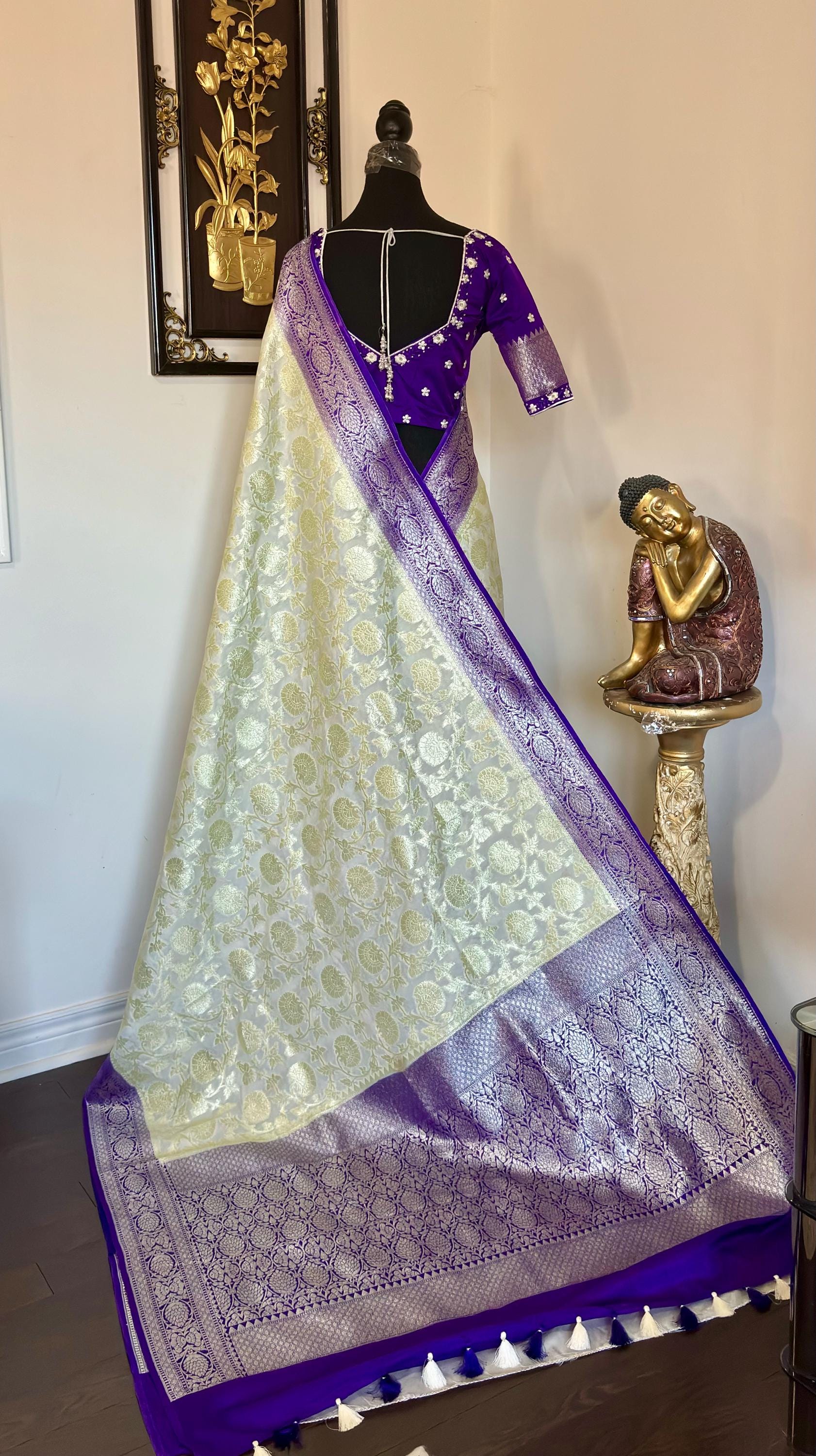 Beautiful banarasi silk saree paired up with beautiful embroidery blouse fits to 32 to 46 in beautiful rare colors all over jaal. Cocktails