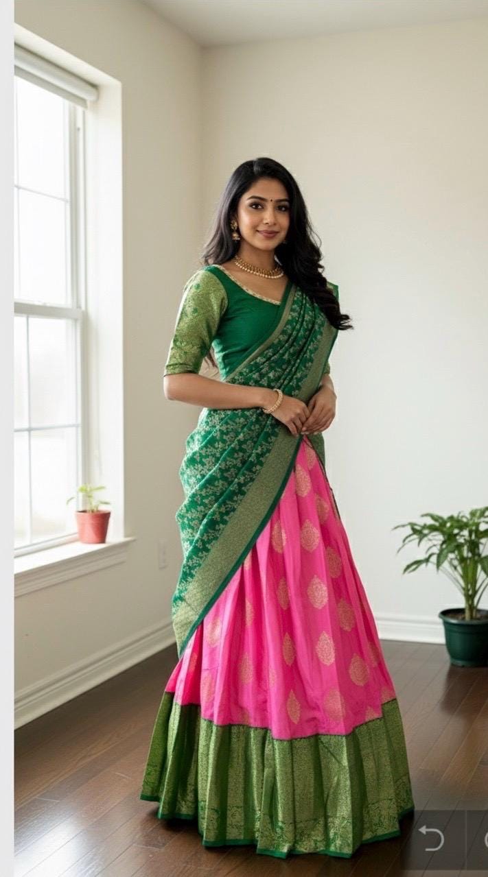 Beautiful colors Kanchi pattu Lihanga with beautiful Kanchi boarder is made of Handloom cloths ready with ready to wear blouse sizes 32 - 48
