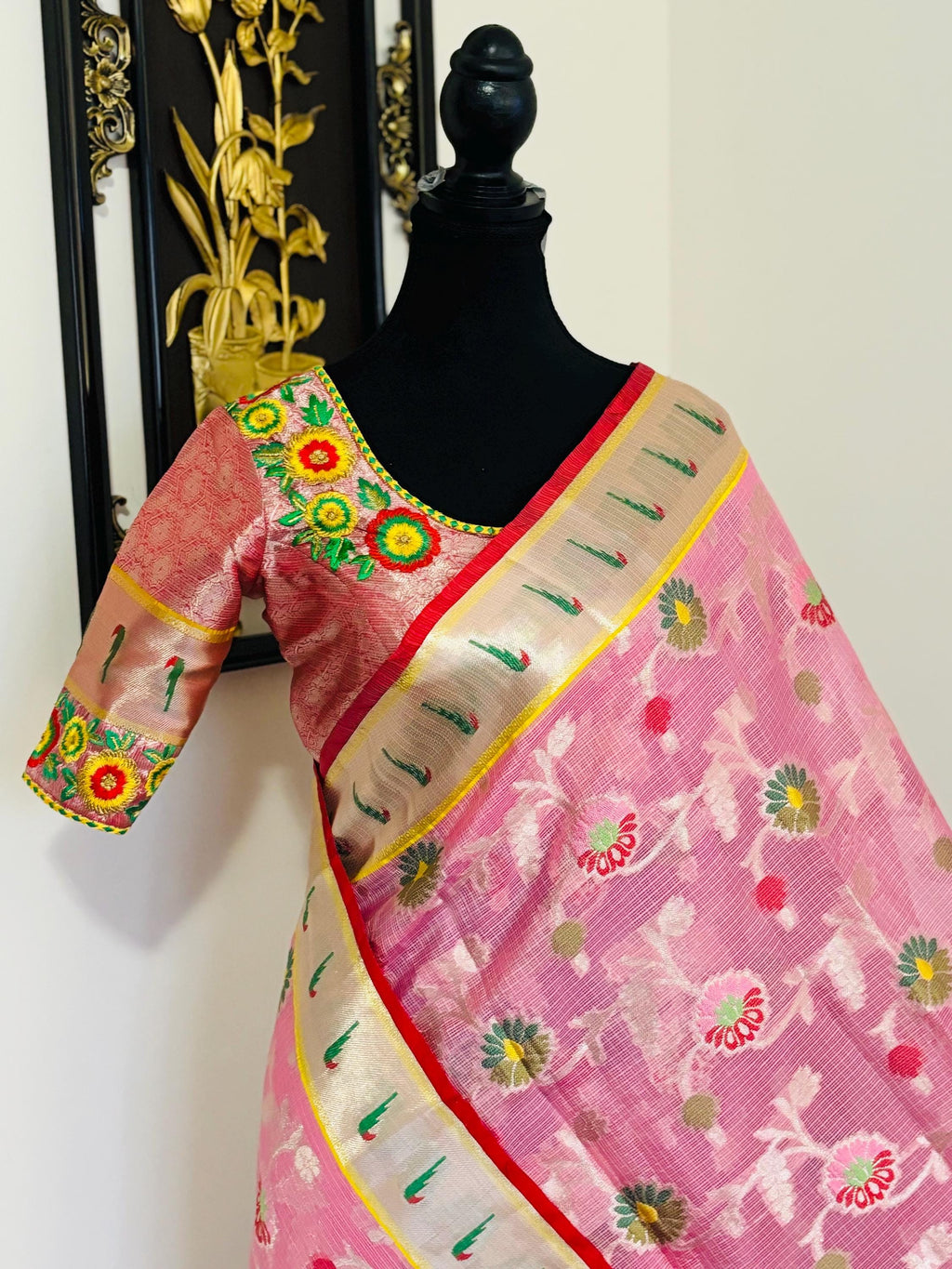 Beautiful Tissue Zari Kota saree with pythani  Zari boardes and beautifully done blouse paired up with pretty blouse fits up to 32 to 46