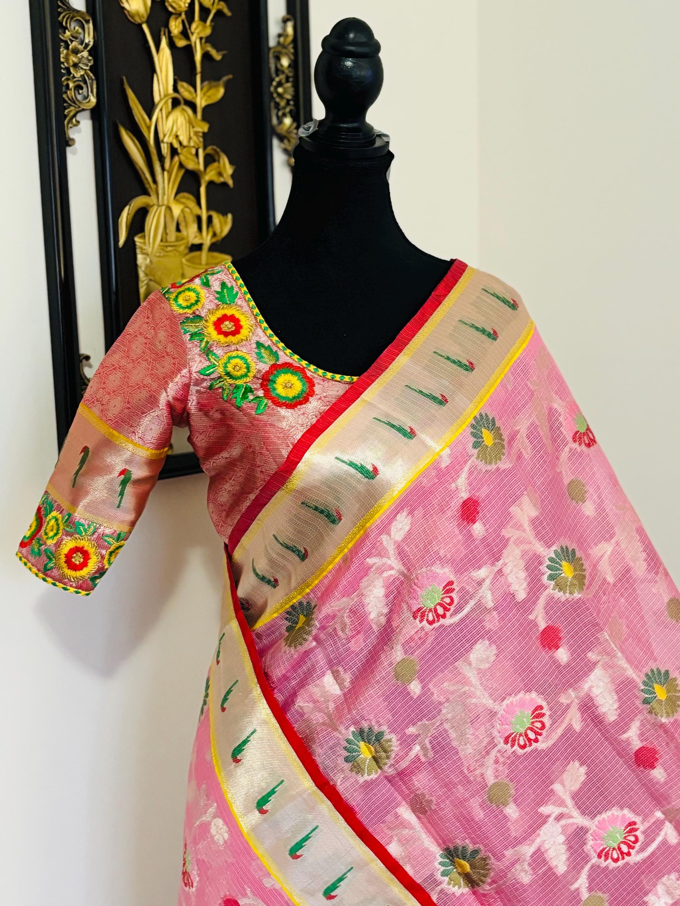 Beautiful Tissue Zari Kota saree with pythani  Zari boardes and beautifully done blouse paired up with pretty blouse fits up to 32 to 46