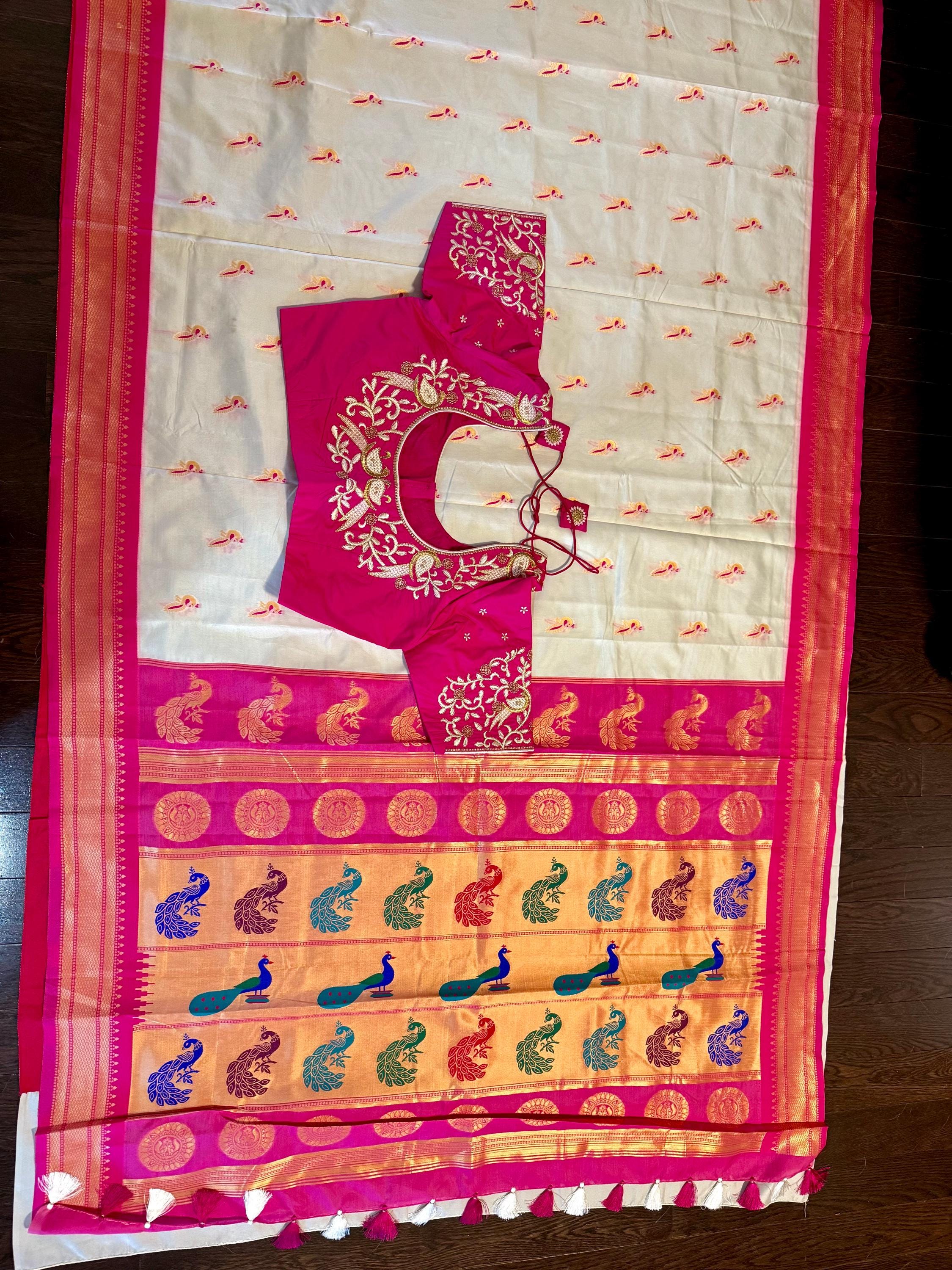 Beautiful pythani pure silk saree with   ready to wear beautiful  work blouse fits up to 32 to 46 Bottle green color, saree is ready to wear