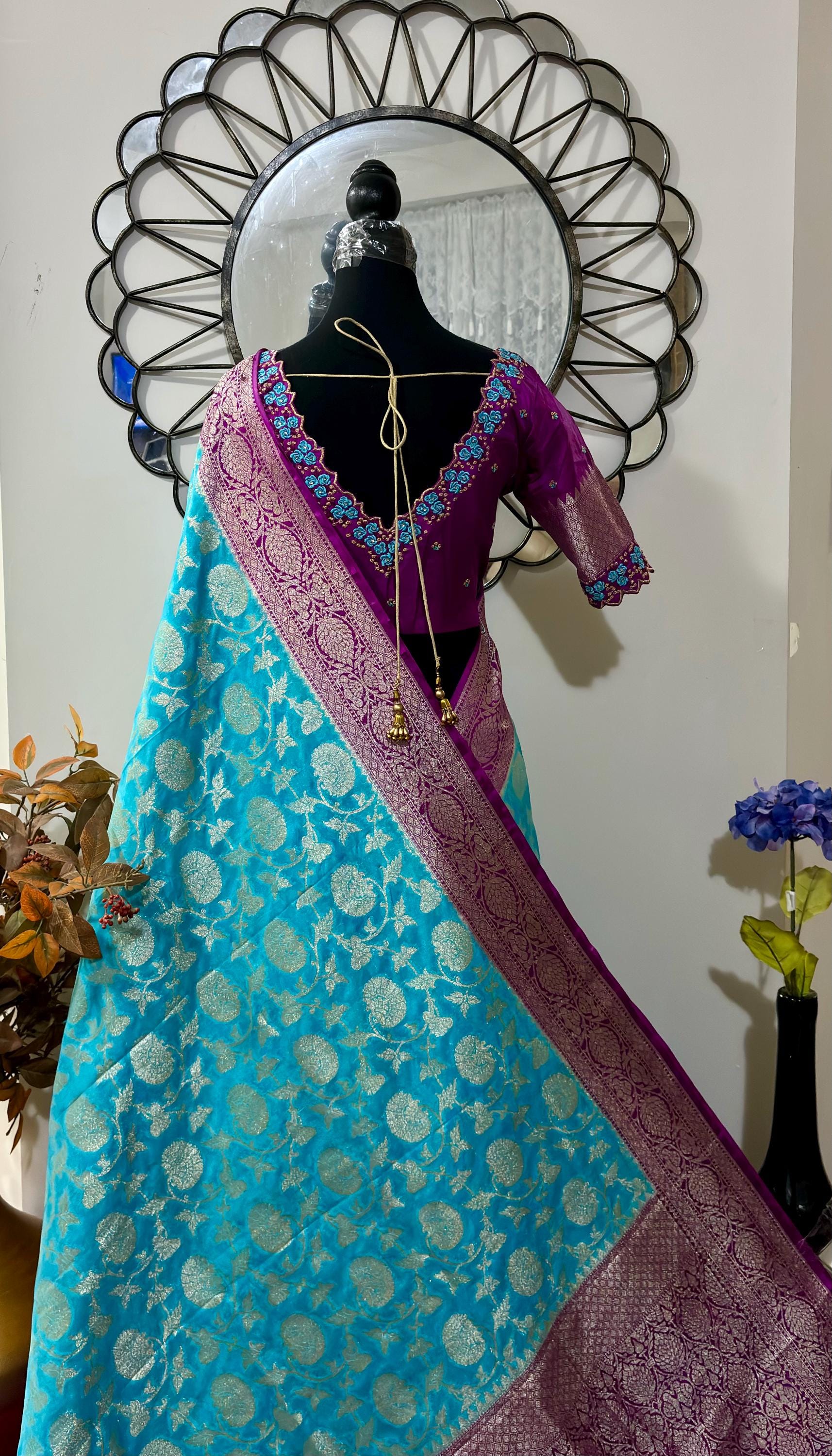 Beautiful banarasi silk saree paired up with beautiful embroidery blouse fits to 32 to 46 in beautiful rare colors all over jaal. Cocktails