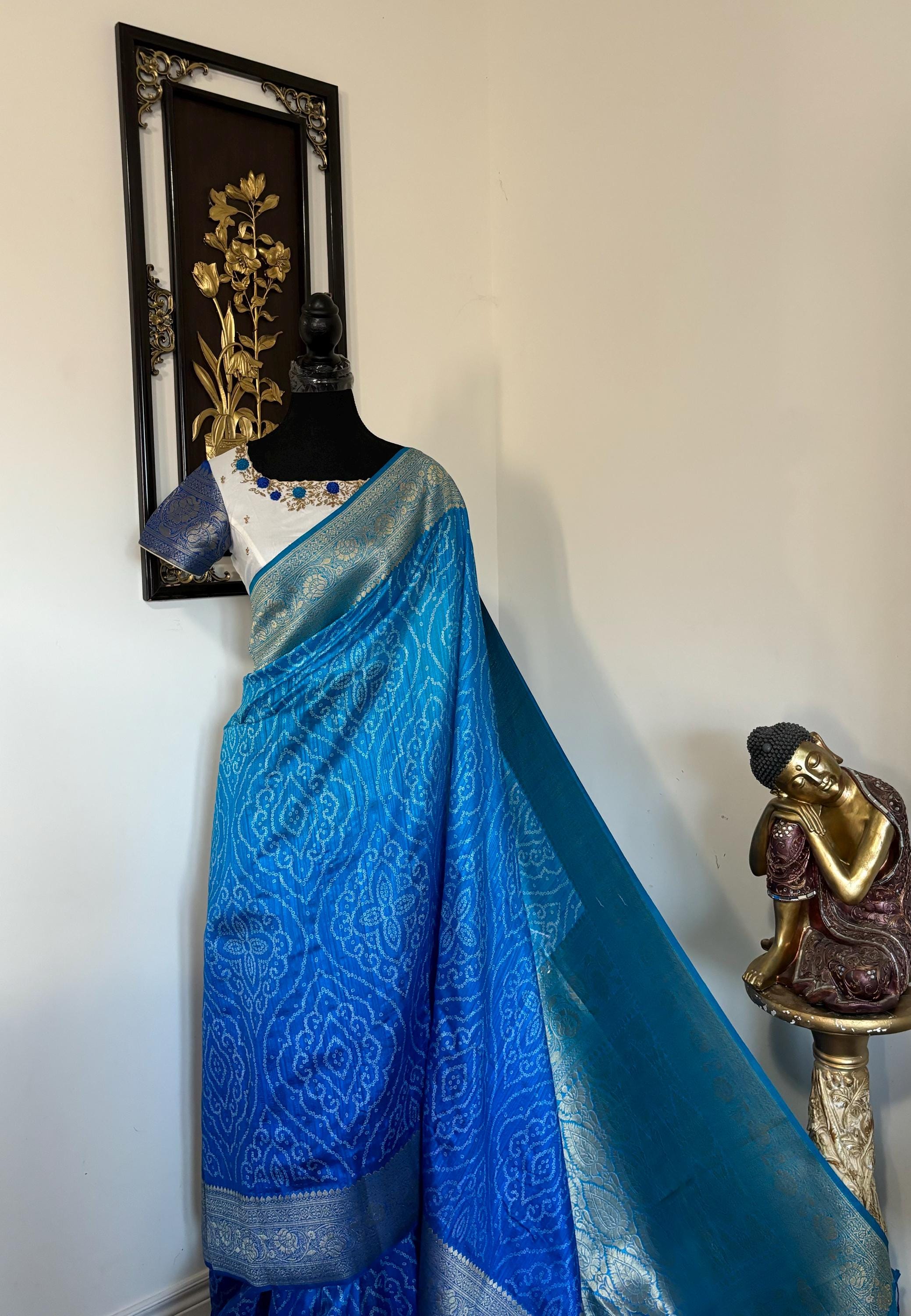 Beautiful cocktail dual shade banarasi  bandhini silk saree paired up pretty maggam blouse fits  sizes 32 -46 ready to wear prettiest blouse