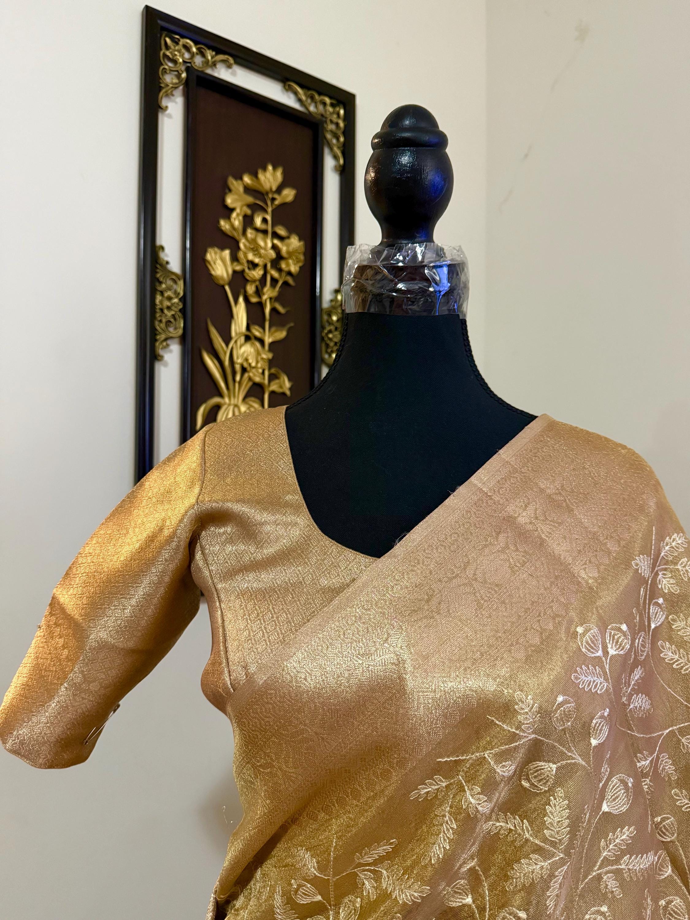 Beautiful gold tissue silk saree with all over embroidered floral design all over saree ready to wear designer blouse fits to 32-46
