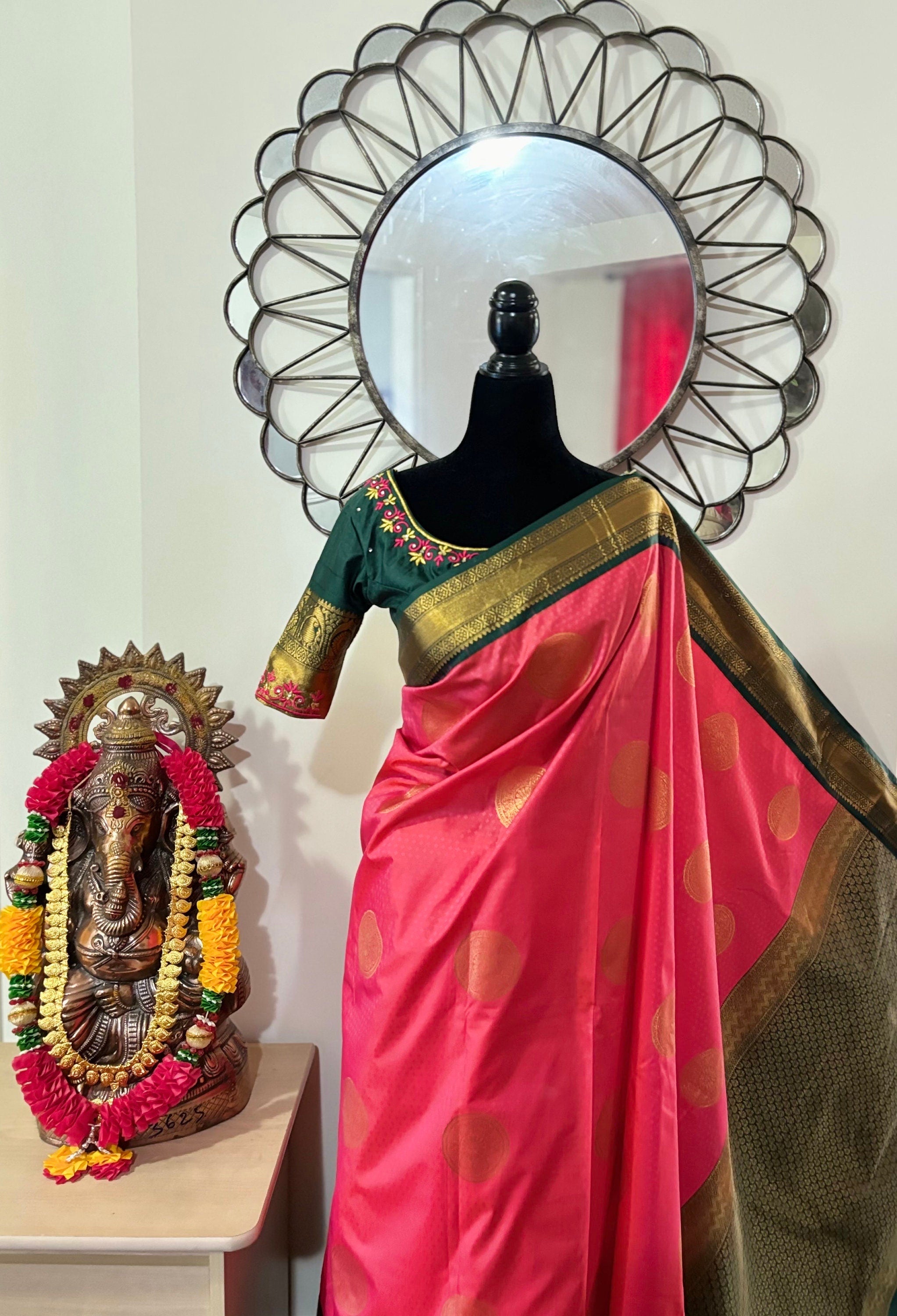 Kanchipuram soft silk saree in rare colors with beautifully done hand  made embroidered blouse with ready to wear work blouse fits 32 to 46