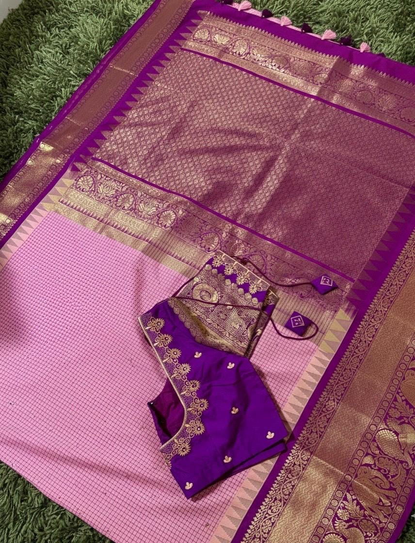 Gadwal Handloom pure silk sarees in rare colors and ready to wear blouse with embroidered blouse fits up to 32 -46 saree is ready fall pico
