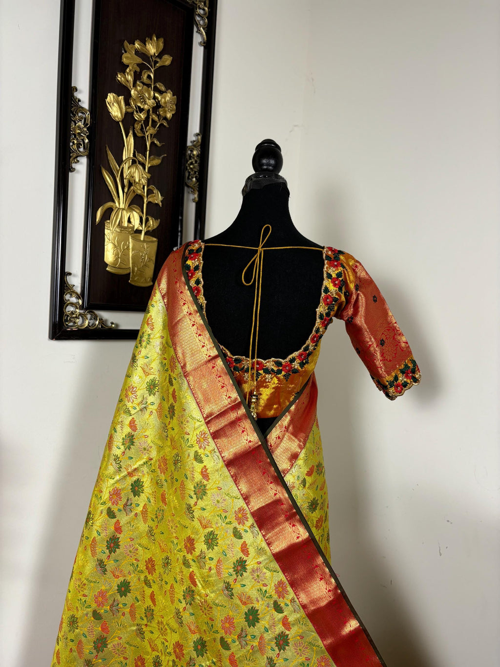 Kanchipuram tissu silk saree in rare colors with beautifully done hand  made embroidered blouse with ready to wear work blouse fits 32 to 46