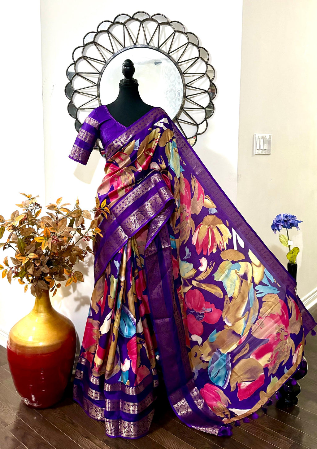 Light weight easy to drape Soft Silk fancy Saree; with beautiful digital floral prints  with Zari boarders ready to wear Blouse fits 32-46