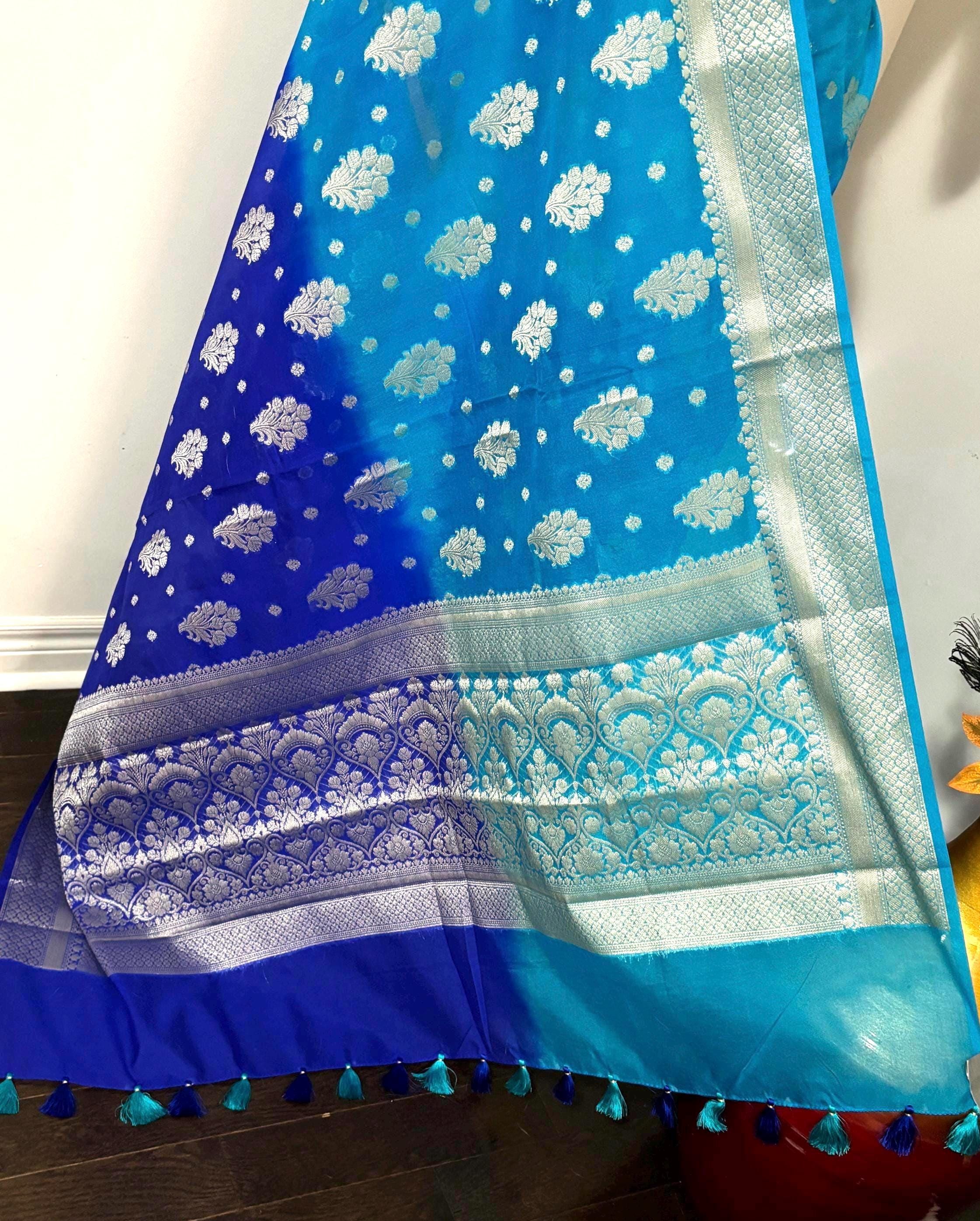 Banarasi dual shade handloom khadi georgette silk saree all over beautiful water zari weaving beautiful combinations, any color possible