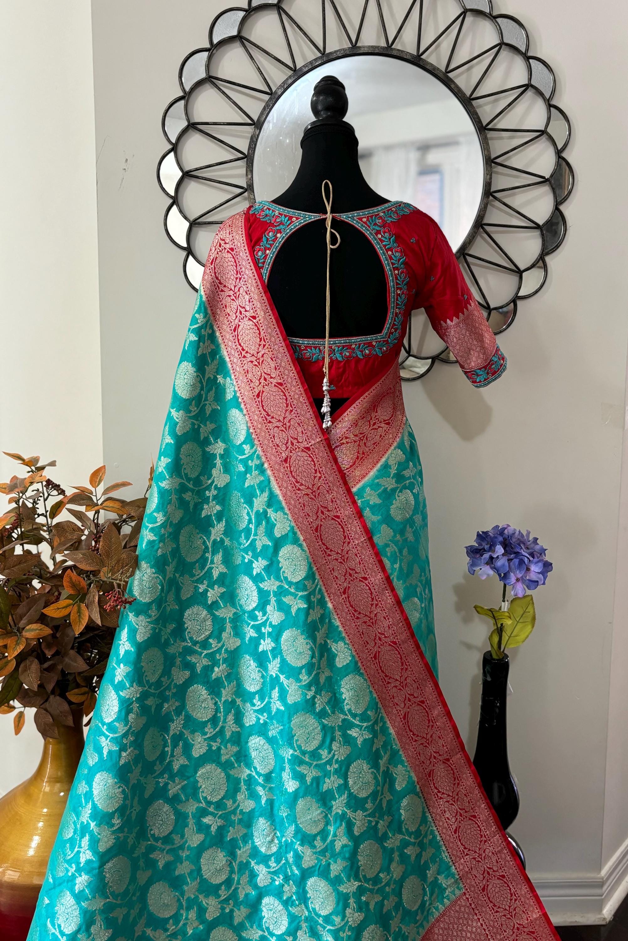 Beautiful banarasi silk saree paired up with beautiful embroidery blouse fits to 32 to 46 in beautiful rare colors all over jaal. Cocktails