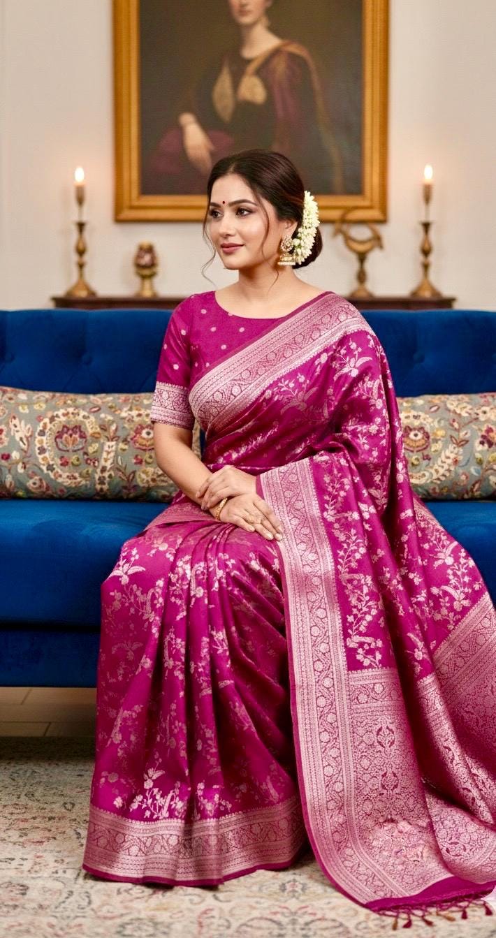 Beautiful banarasi saree with silver Zari weaving all over the saree paired up with pretty ready to wear  blouse that fits to 32 to 46