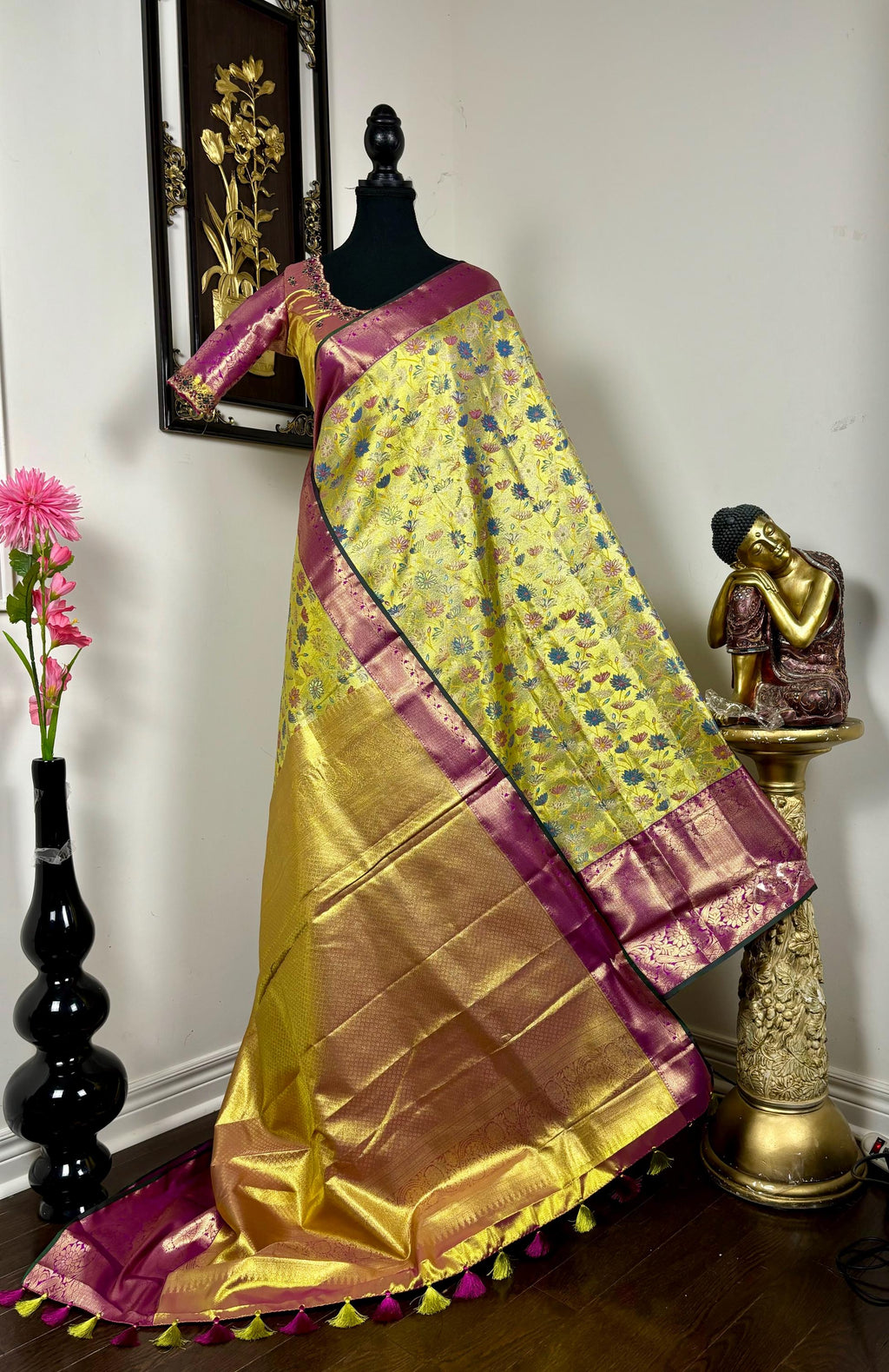 Kanchipuram tissu silk saree in rare colors with beautifully done hand  made embroidered blouse with ready to wear work blouse fits 32 to 46