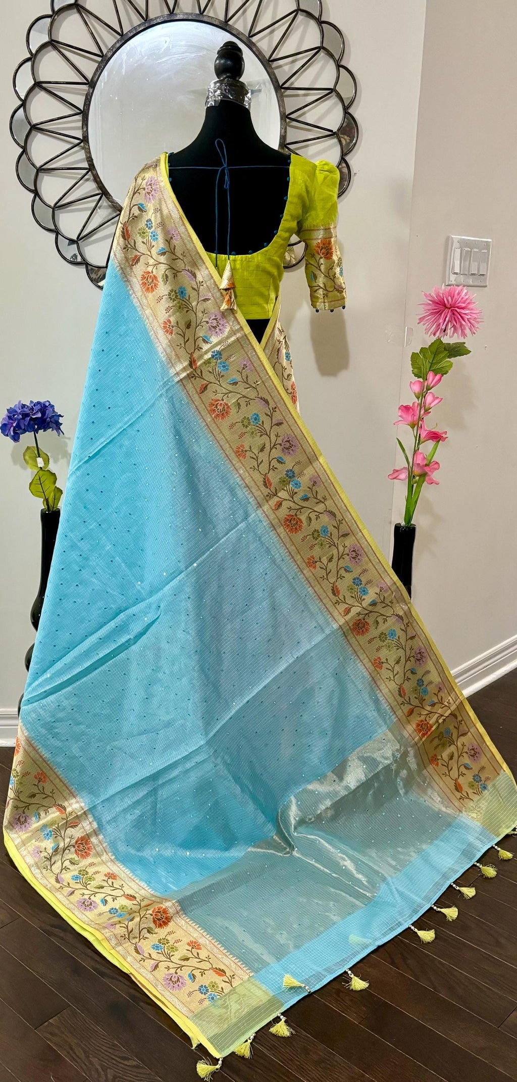 Beautiful Tissue Zari Kota saree with pythani Zari boardes and beautifully done work blouse paired up with pretty blouse fits up to 32 to 46