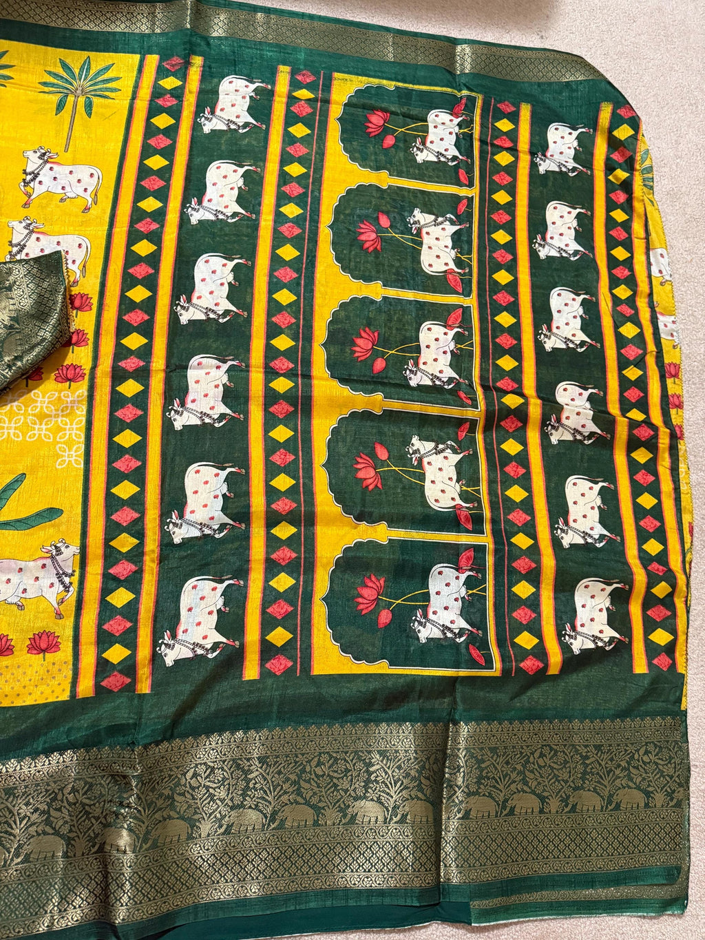 Beautiful Pichwai Kalamkari Prints soft silk saree with Kanchi boarder lotus and cow  prints Saree is ready with blouse and fall and pico