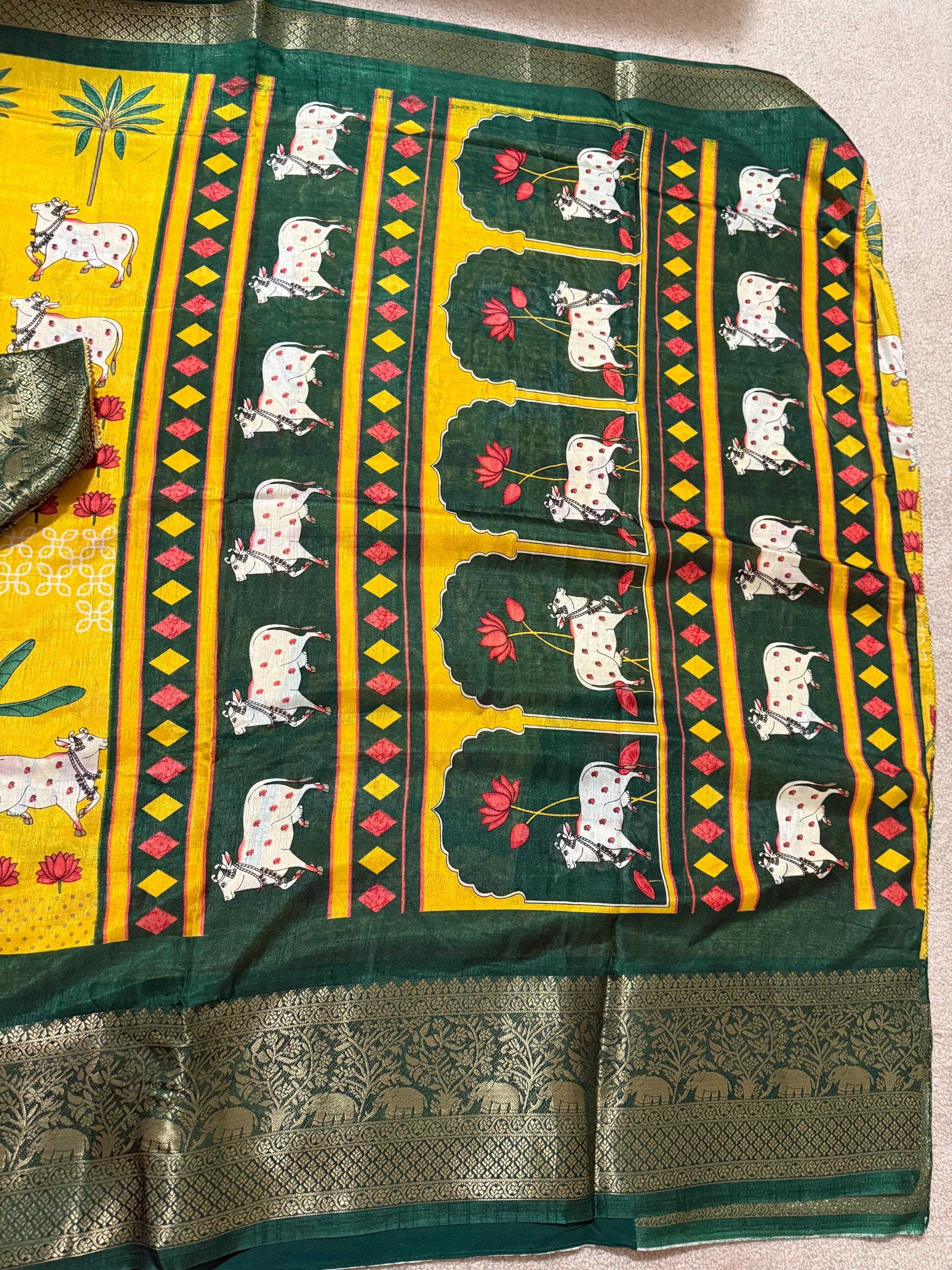 Beautiful Pichwai Kalamkari Prints soft silk saree with Kanchi boarder lotus and cow  prints Saree is ready with blouse and fall and pico