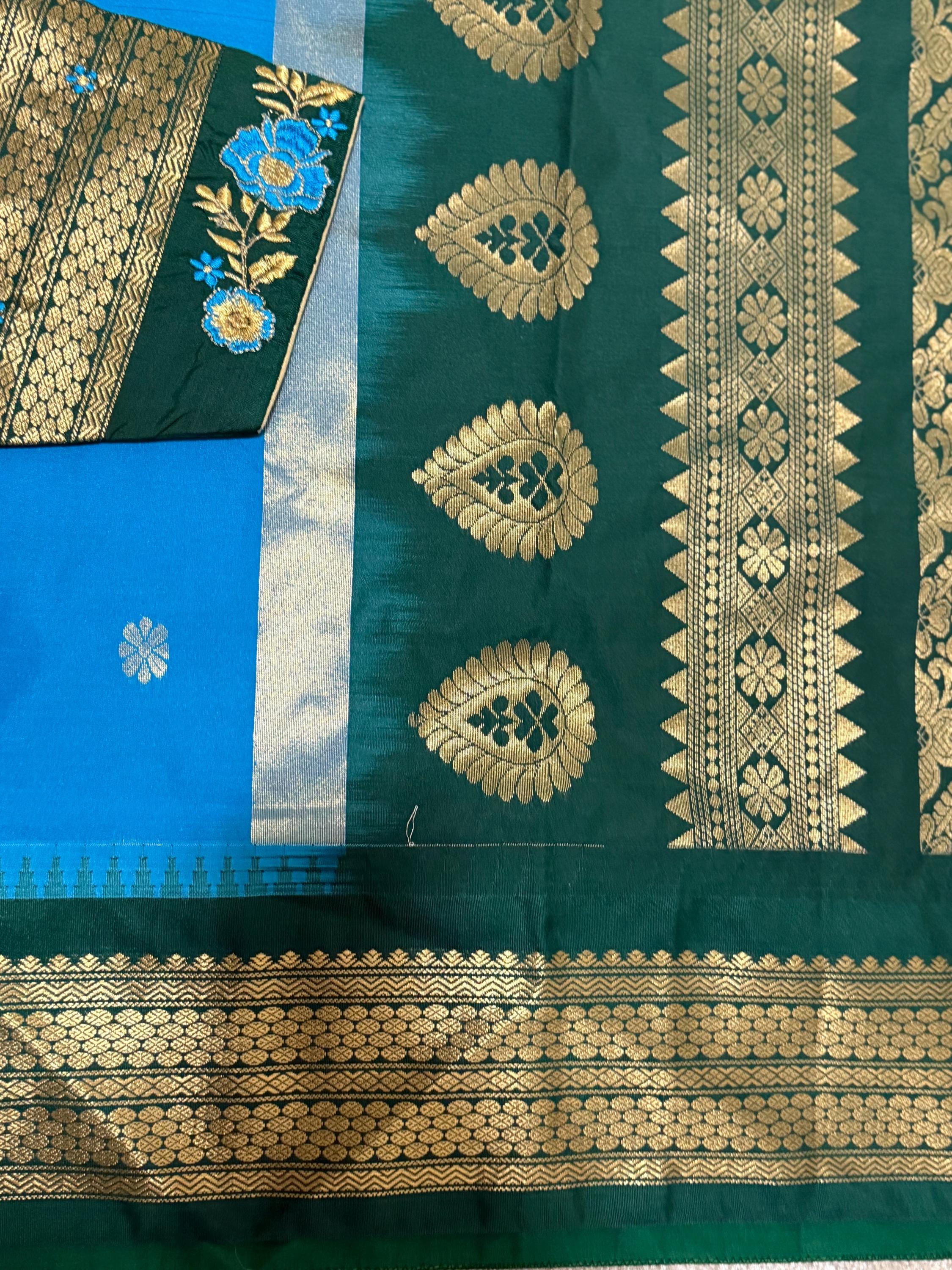 Gadwal Handloom pure silk sarees in rare colors and ready to wear blouse with embroidered blouse fits up to 32 -46 saree is ready fall pico