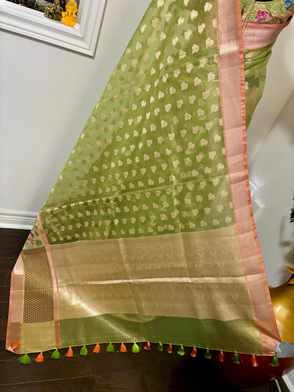 Beautiful Tissue Zari Kota saree with pythani  Zari boardes and beautifully done blouse paired up with pretty blouse fits up to 32 to 46
