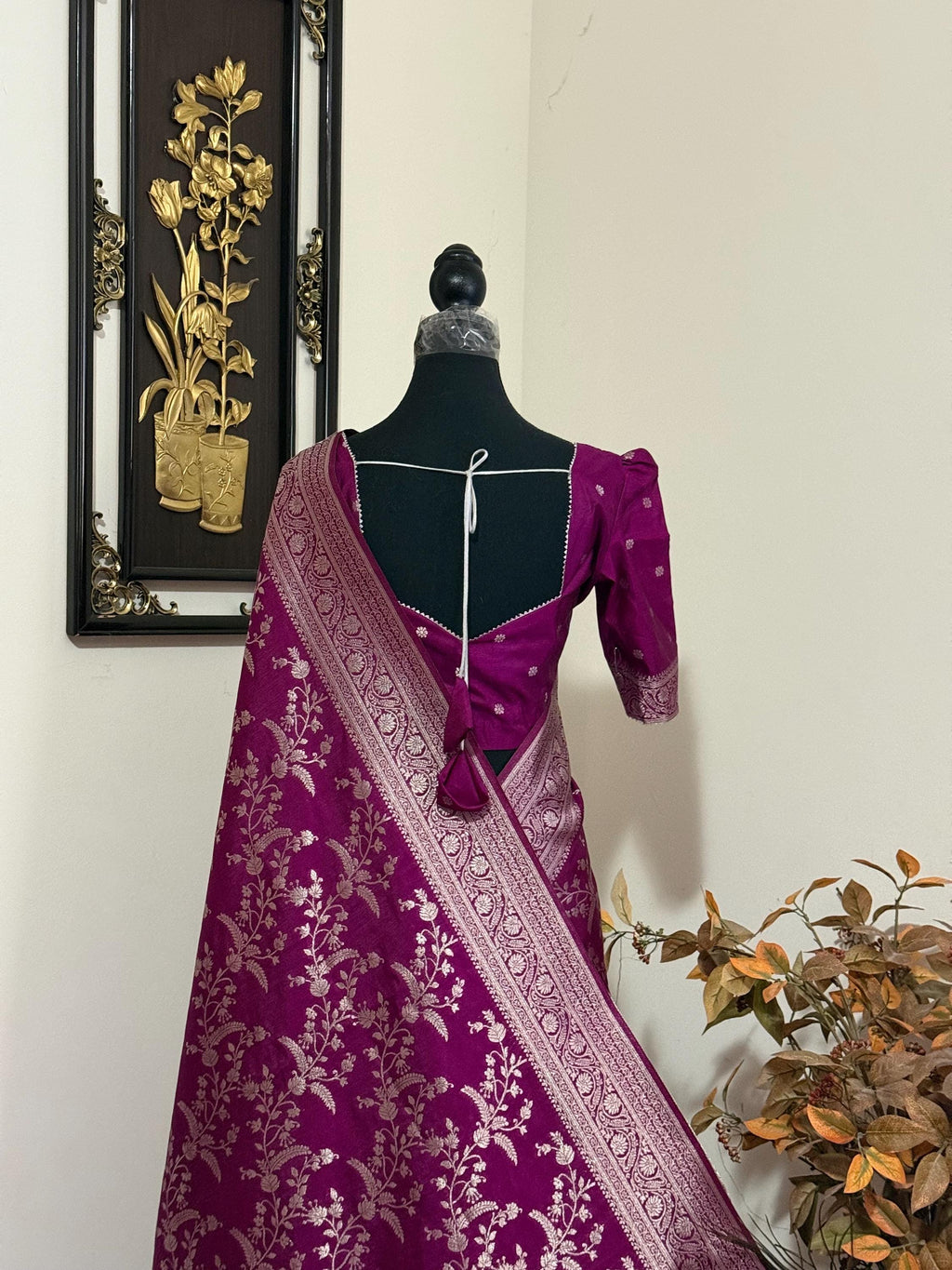 Beautiful banarasi saree with silver Zari weaving all over the saree paired up with pretty ready to wear  blouse that fits to 32 to 46