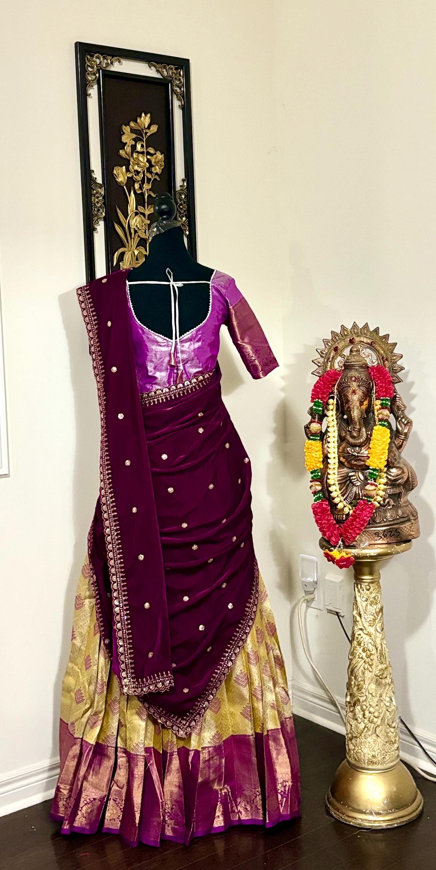 Beautiful colors Kanchi pattu Lihanga with beautiful Kanchi boarder is made of Handloom cloths ready with ready to wear blouse sizes 32 - 48