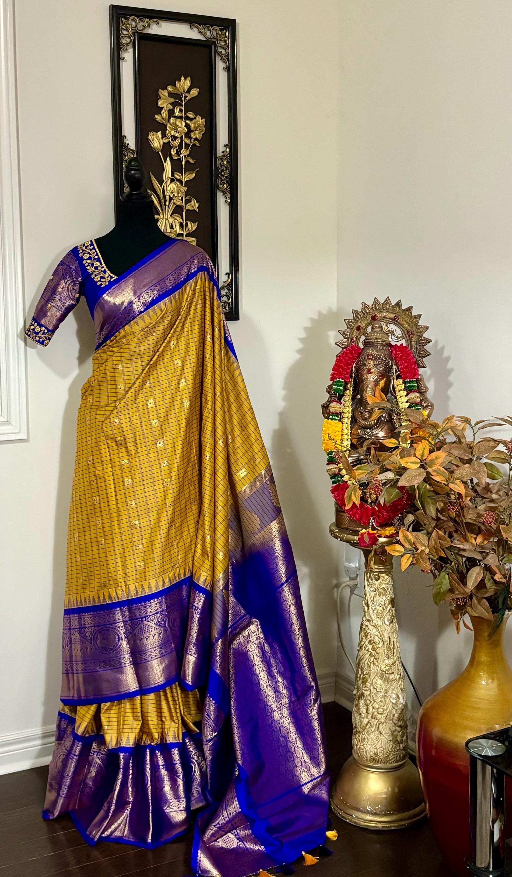 Gadwal Handloom pure silk sarees in rare colors and ready to wear blouse with embroidered blouse fits up to 32 -46 saree is ready fall pico