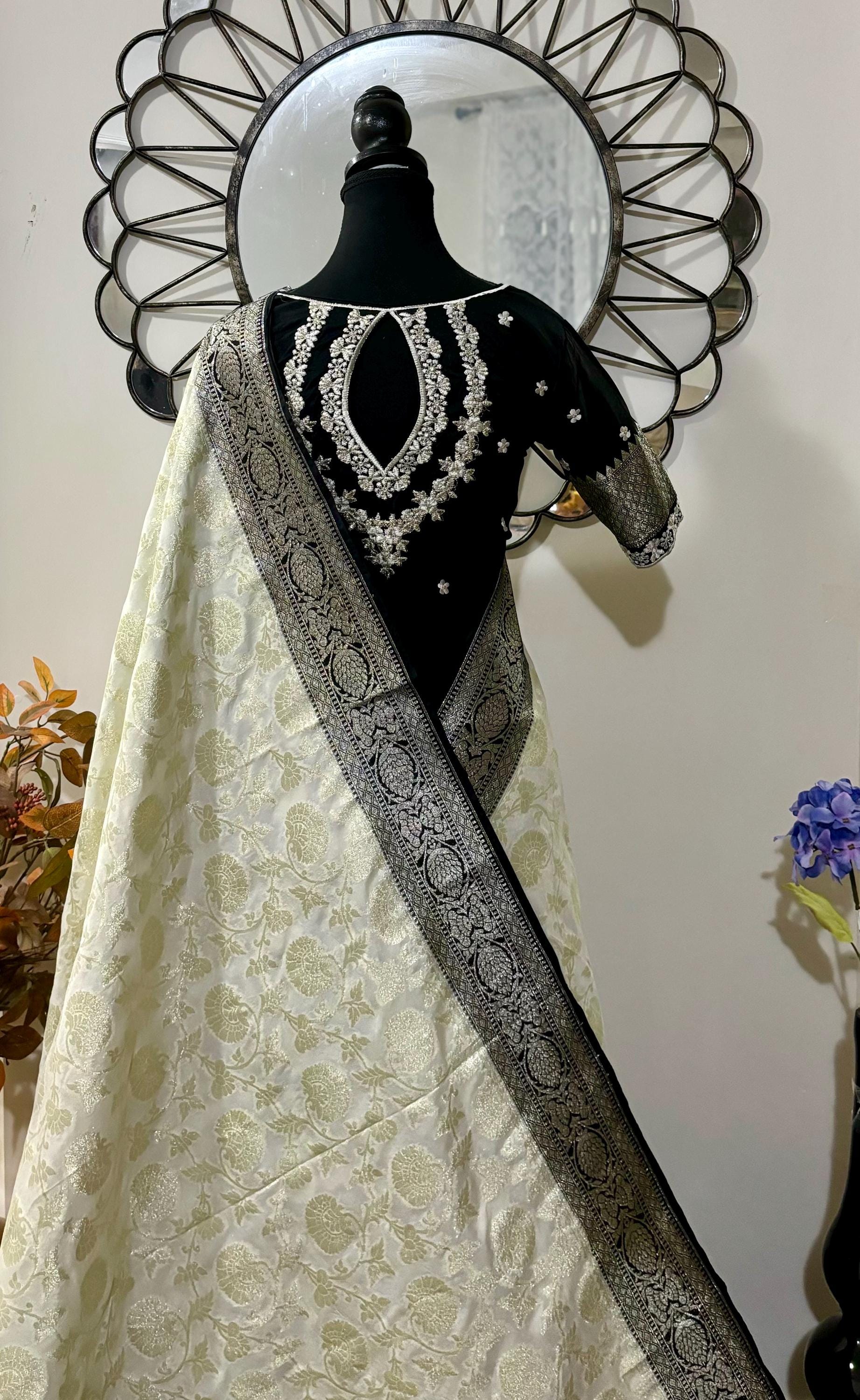 Beautiful banarasi silk saree paired up with beautiful embroidery blouse fits to 32 to 46 in beautiful rare colors all over jaal. Cocktails