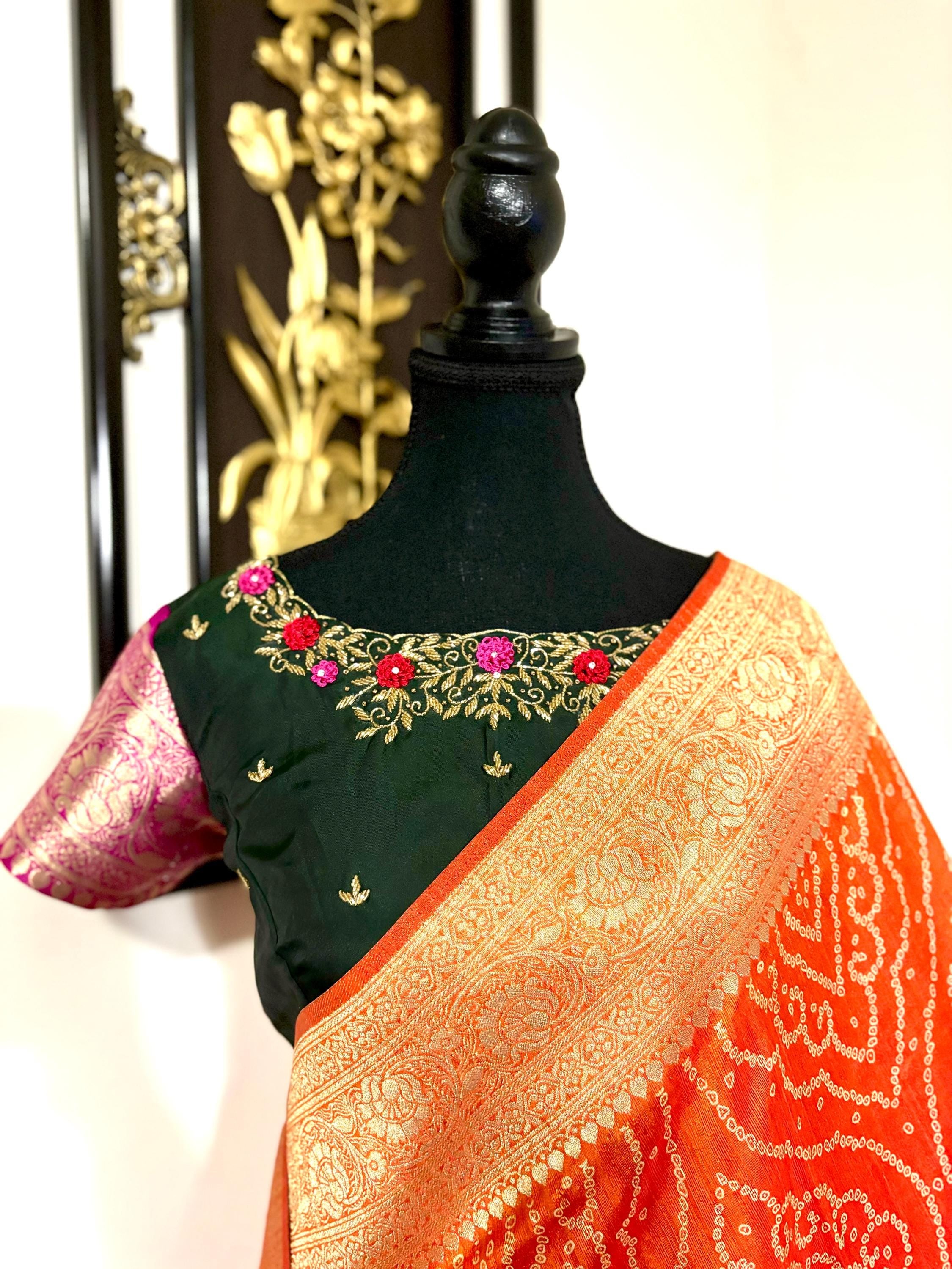 Beautiful cocktail dual shade banarasi  bandhini silk saree paired up pretty maggam blouse fits  sizes 32 -46 ready to wear prettiest blouse