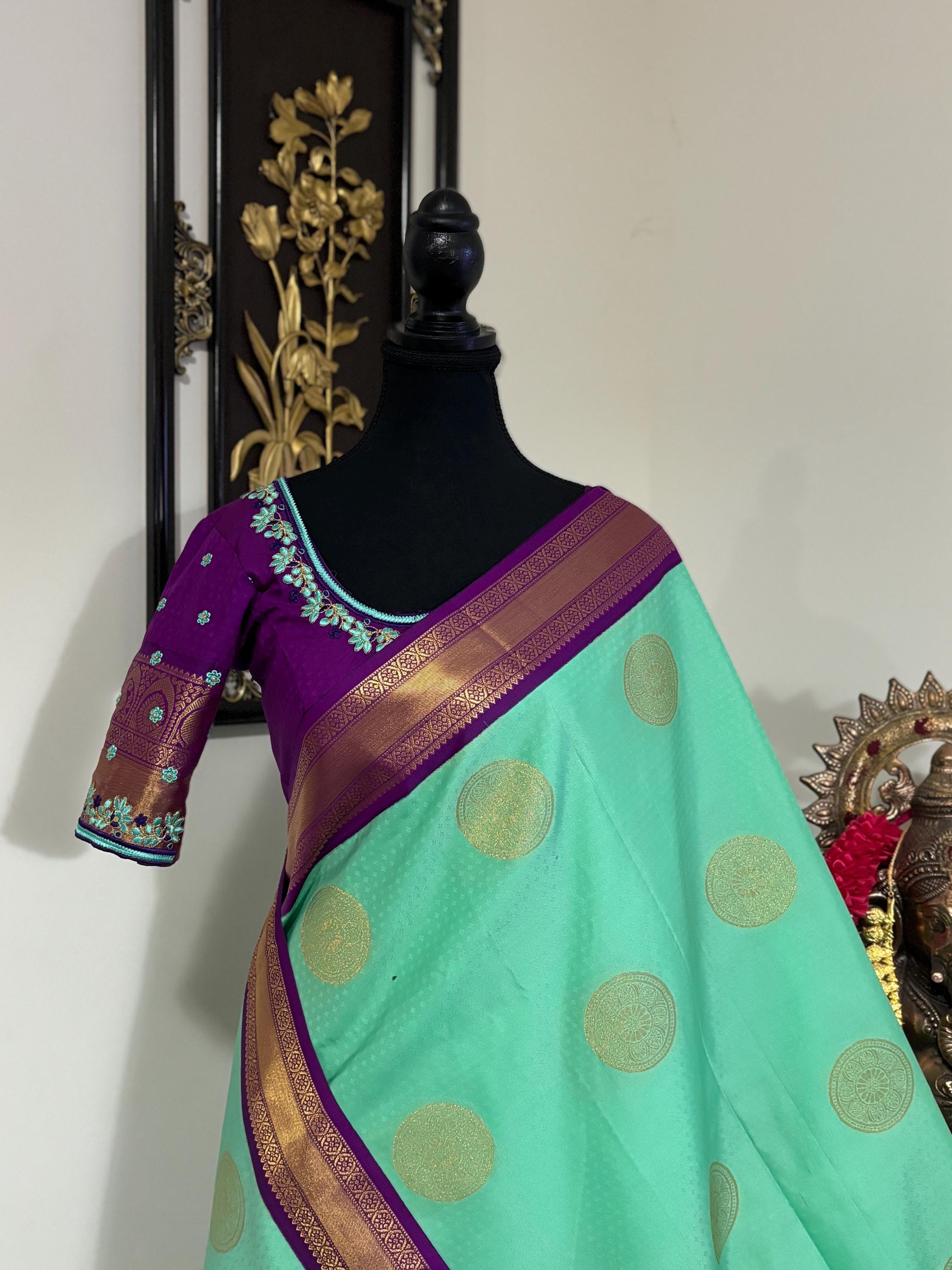 Kanchipuram soft silk saree in rare colors with beautifully done hand  made embroidered blouse with ready to wear work blouse fits 32 to 46