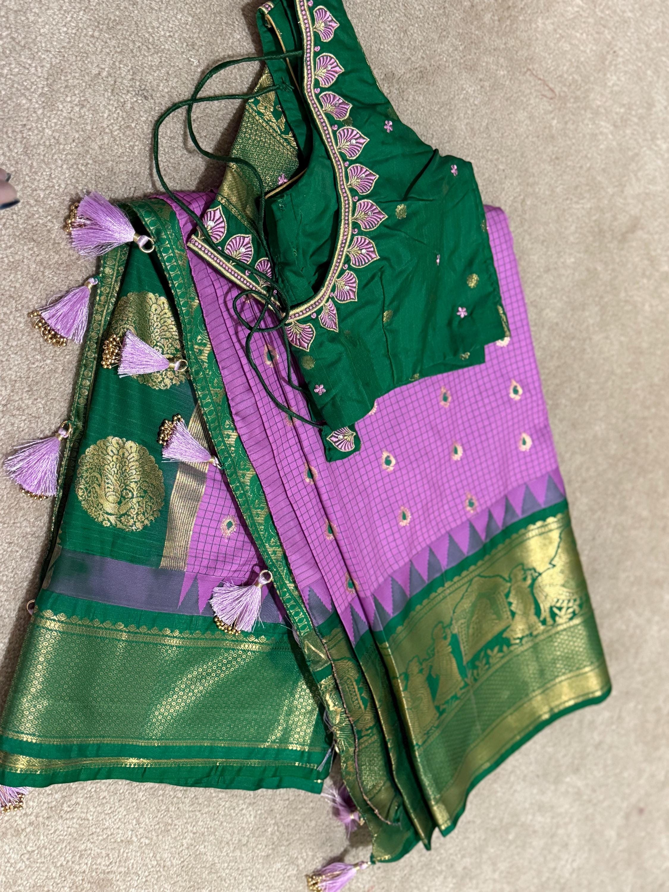 Gadwal Handloom pure silk sarees in rare colors and ready to wear blouse with embroidered blouse fits up to 32 -46 saree is ready fall pico