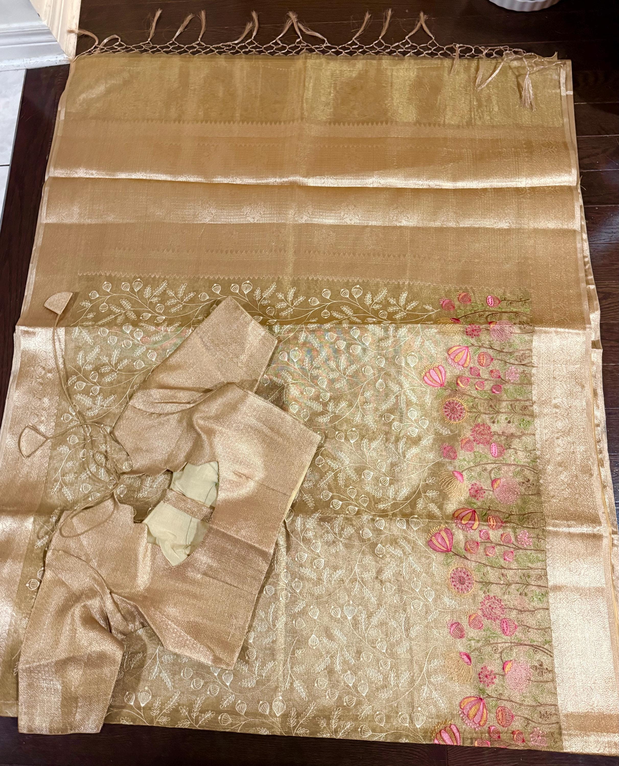 Beautiful gold tissue silk saree with all over embroidered floral design all over saree ready to wear designer blouse fits to 32-46