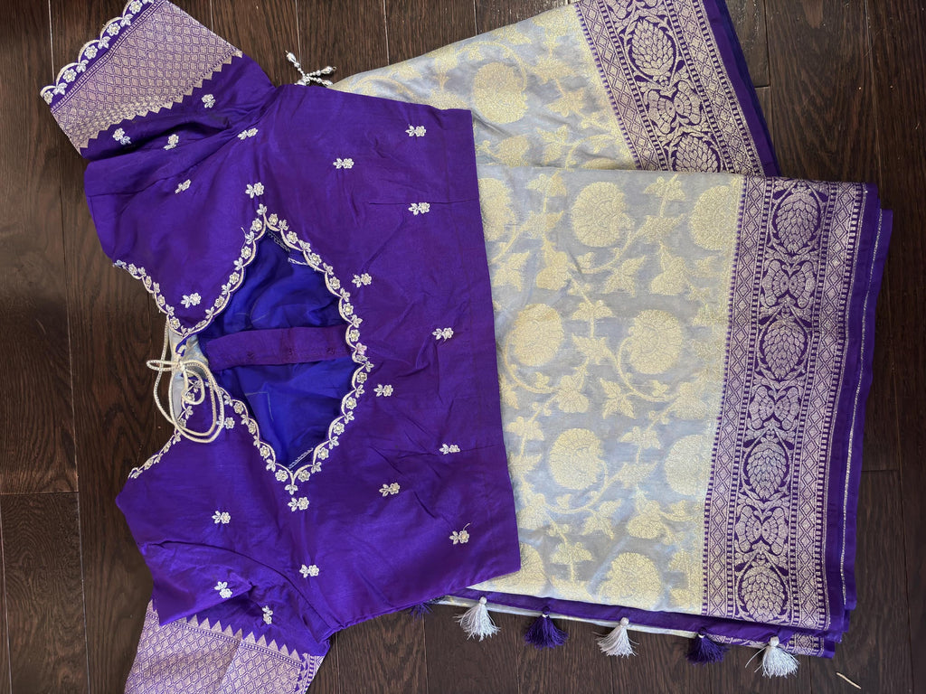 Beautiful banarasi silk saree paired up with beautiful embroidery blouse fits to 32 to 46 in beautiful rare colors all over jaal. Cocktails
