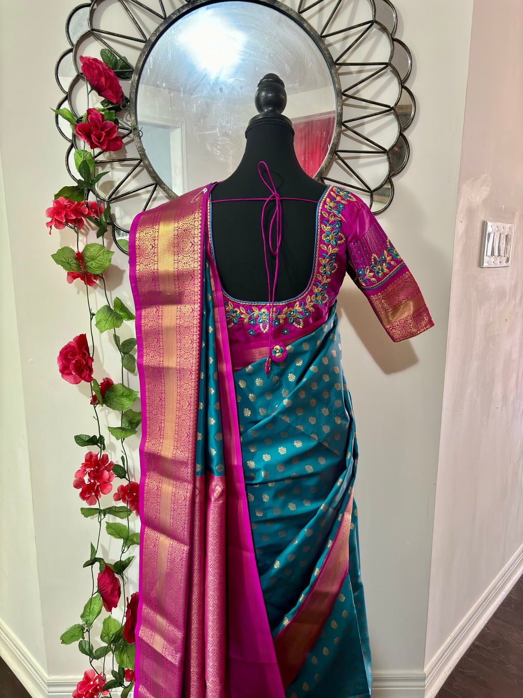 Kanchipuram soft silk saree in rare colors with beautifully done hand  made embroidered blouse with ready to wear work blouse fits 32 to 46
