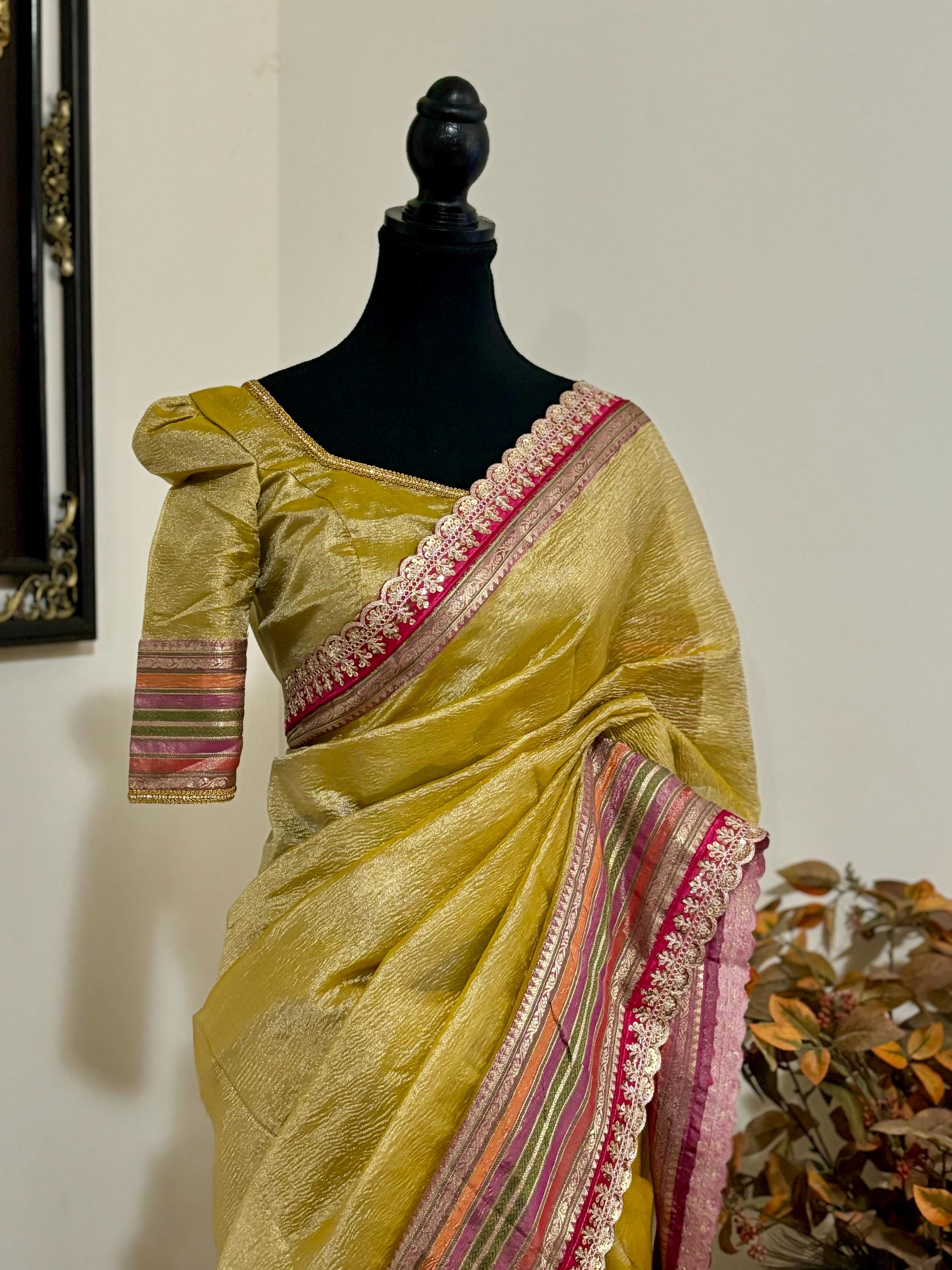 Beautiful party wear cocktail pure silk  crush tissue  saree paired up with pretty designer Blouse fits 32-46/contact seller for availabil