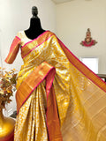 Yellow color self beautiful design Banarasi silk with Kanchi boarder with ready to wear designer blouse fits up to 32 to 40