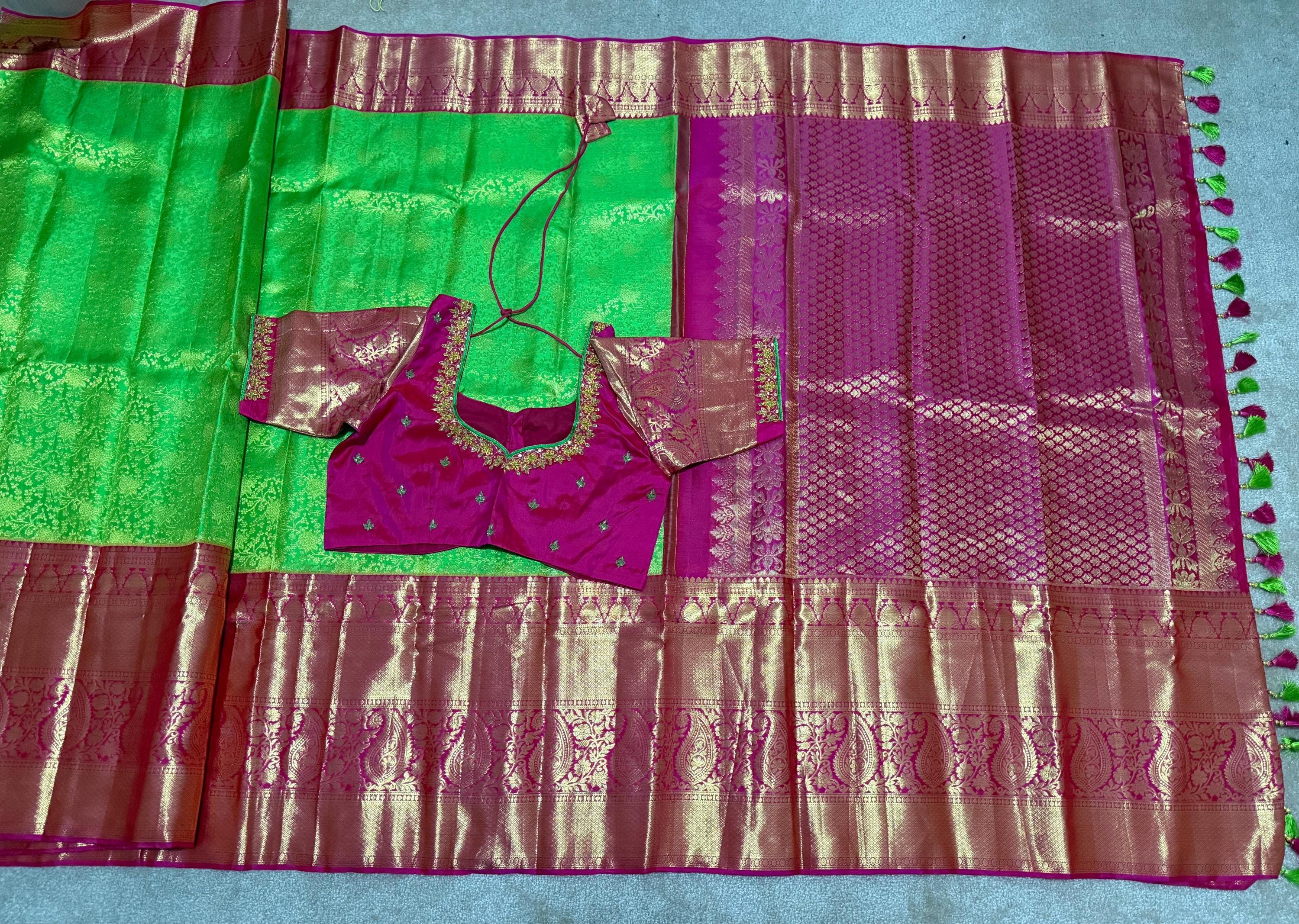 2 gram gold pure handloom  Silk Kanjeevarm/kanchi pattu silk mark certified Sarees;  ask seller for availability before booking shades avail