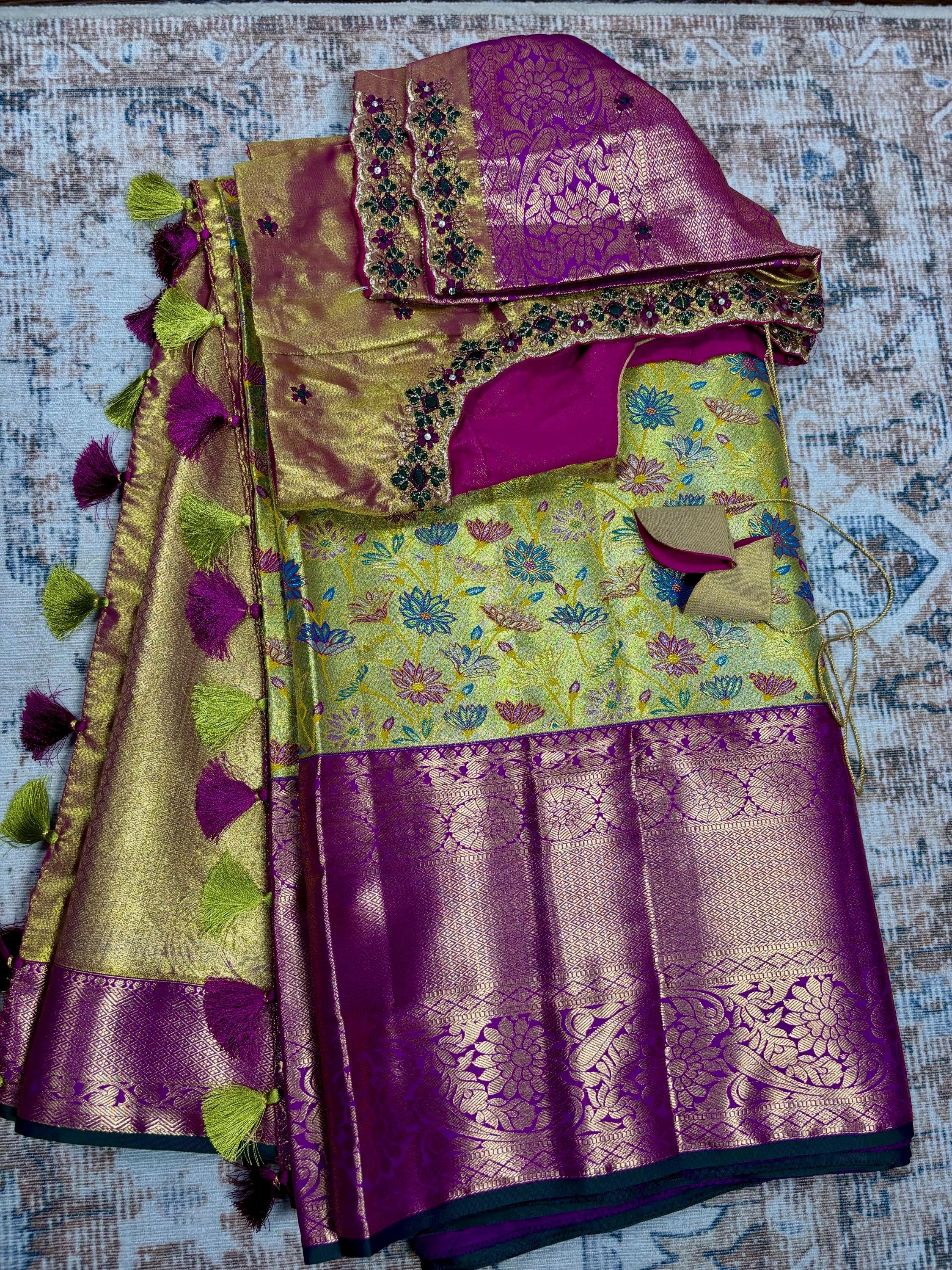 Kanchipuram tissu silk saree in rare colors with beautifully done hand  made embroidered blouse with ready to wear work blouse fits 32 to 46