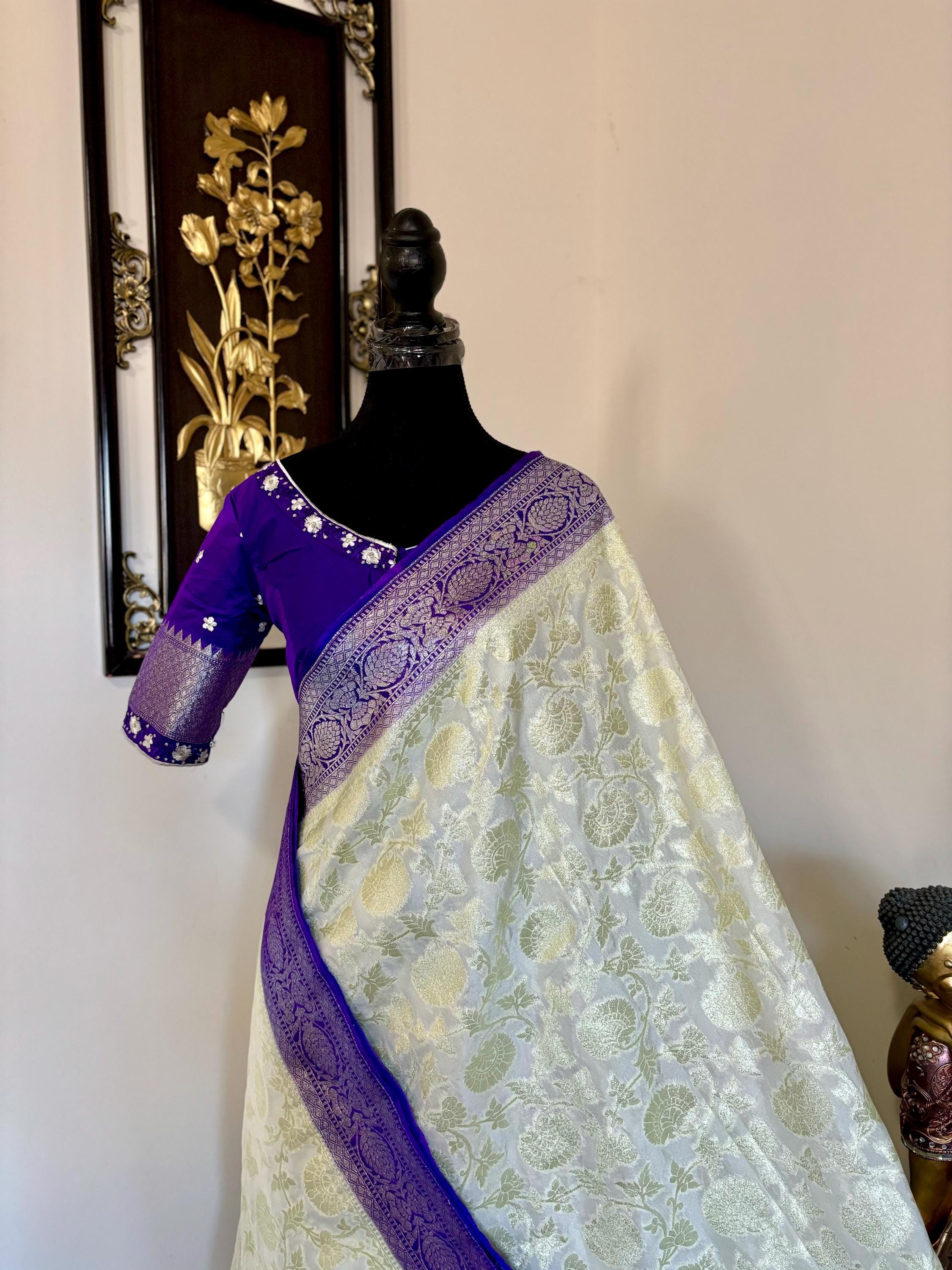 Beautiful banarasi silk saree paired up with beautiful embroidery blouse fits to 32 to 46 in beautiful rare colors all over jaal. Cocktails