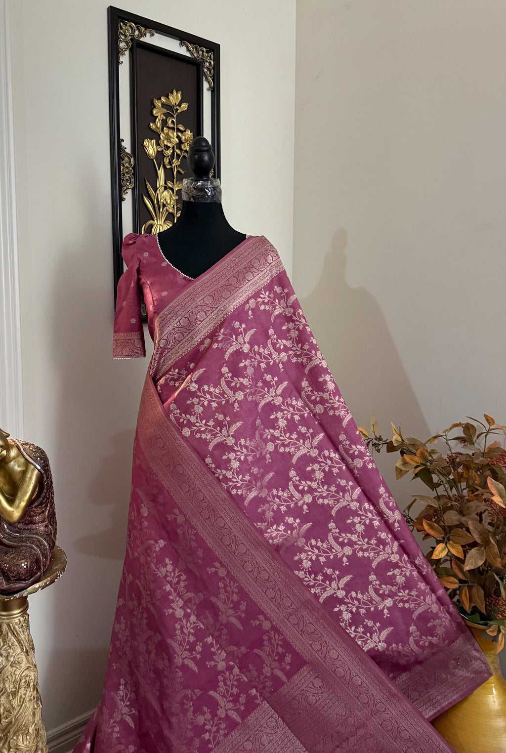 Beautiful banarasi saree with silver Zari weaving all over the saree paired up with pretty ready to wear  blouse that fits to 32 to 46