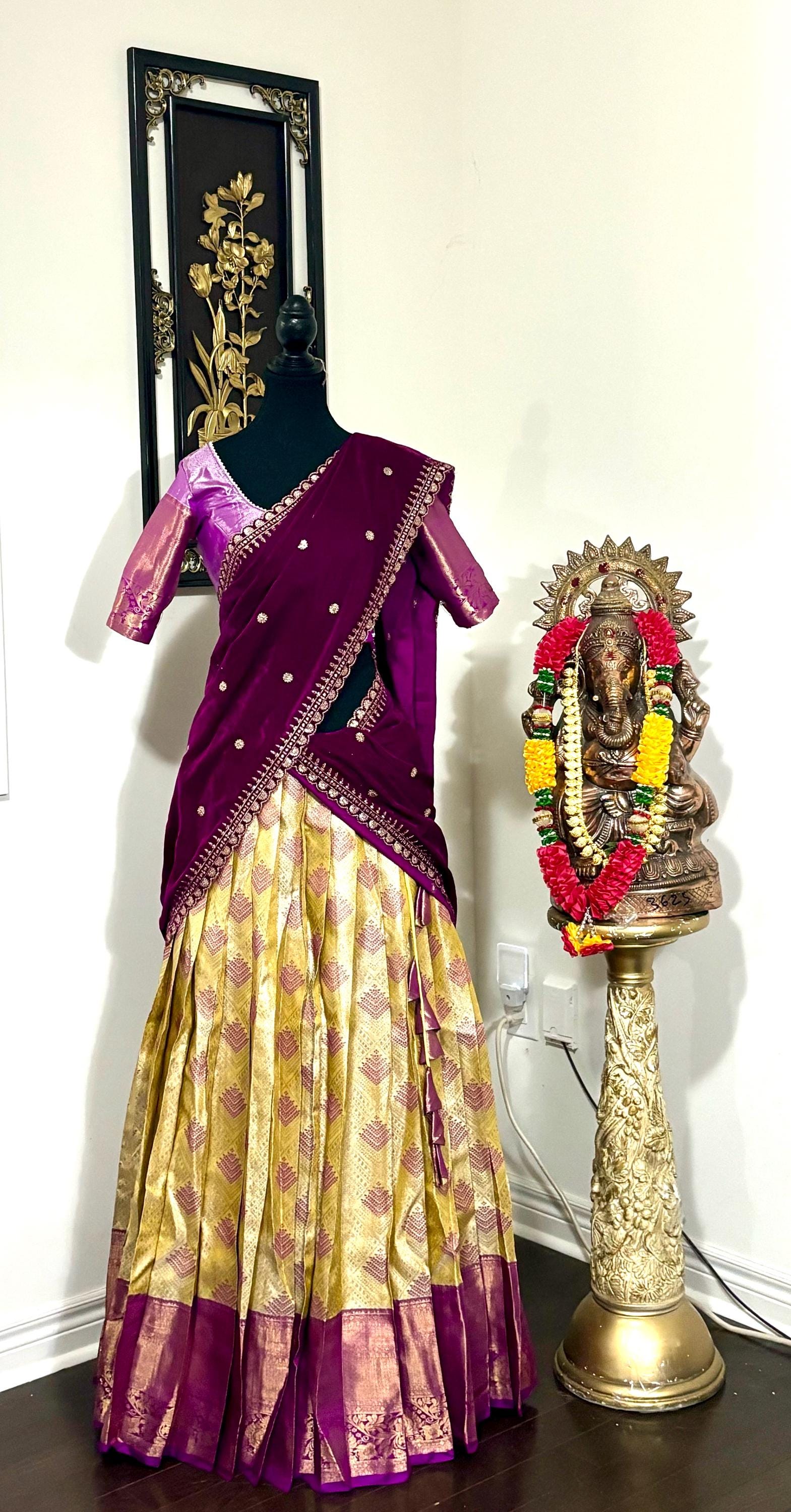 Beautiful colors Kanchi pattu Lihanga with beautiful Kanchi boarder is made of Handloom cloths ready with ready to wear blouse sizes 32 - 48