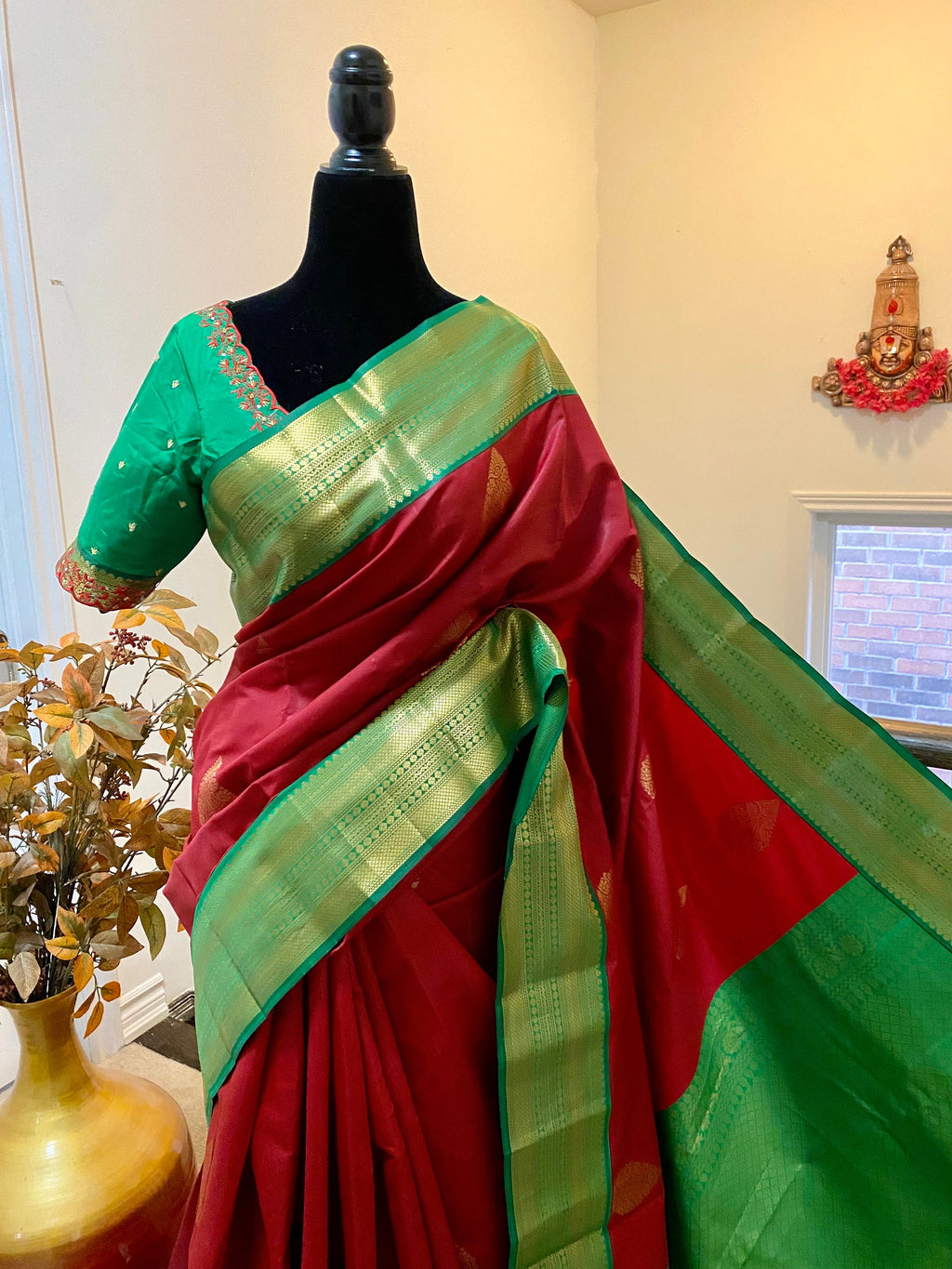 Kanchipuram soft  silk saree with ready to wear maggam work blouse fits to 32 to 46