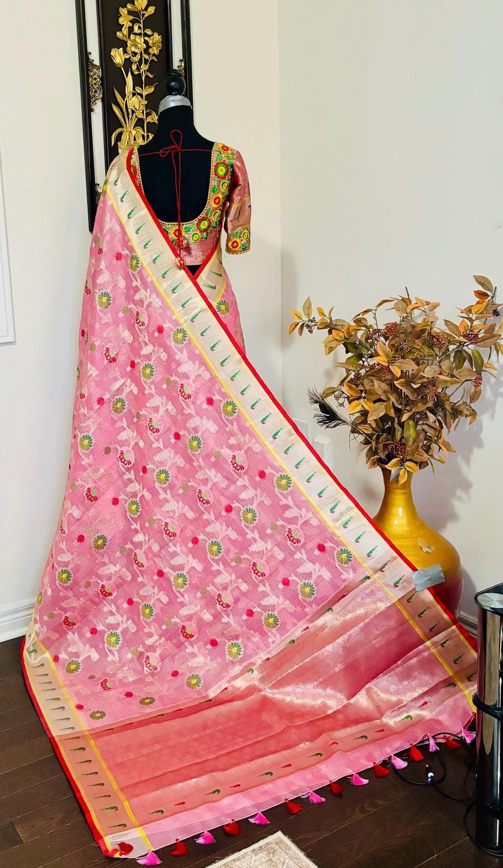Beautiful Tissue Zari Kota saree with pythani  Zari boardes and beautifully done blouse paired up with pretty blouse fits up to 32 to 46