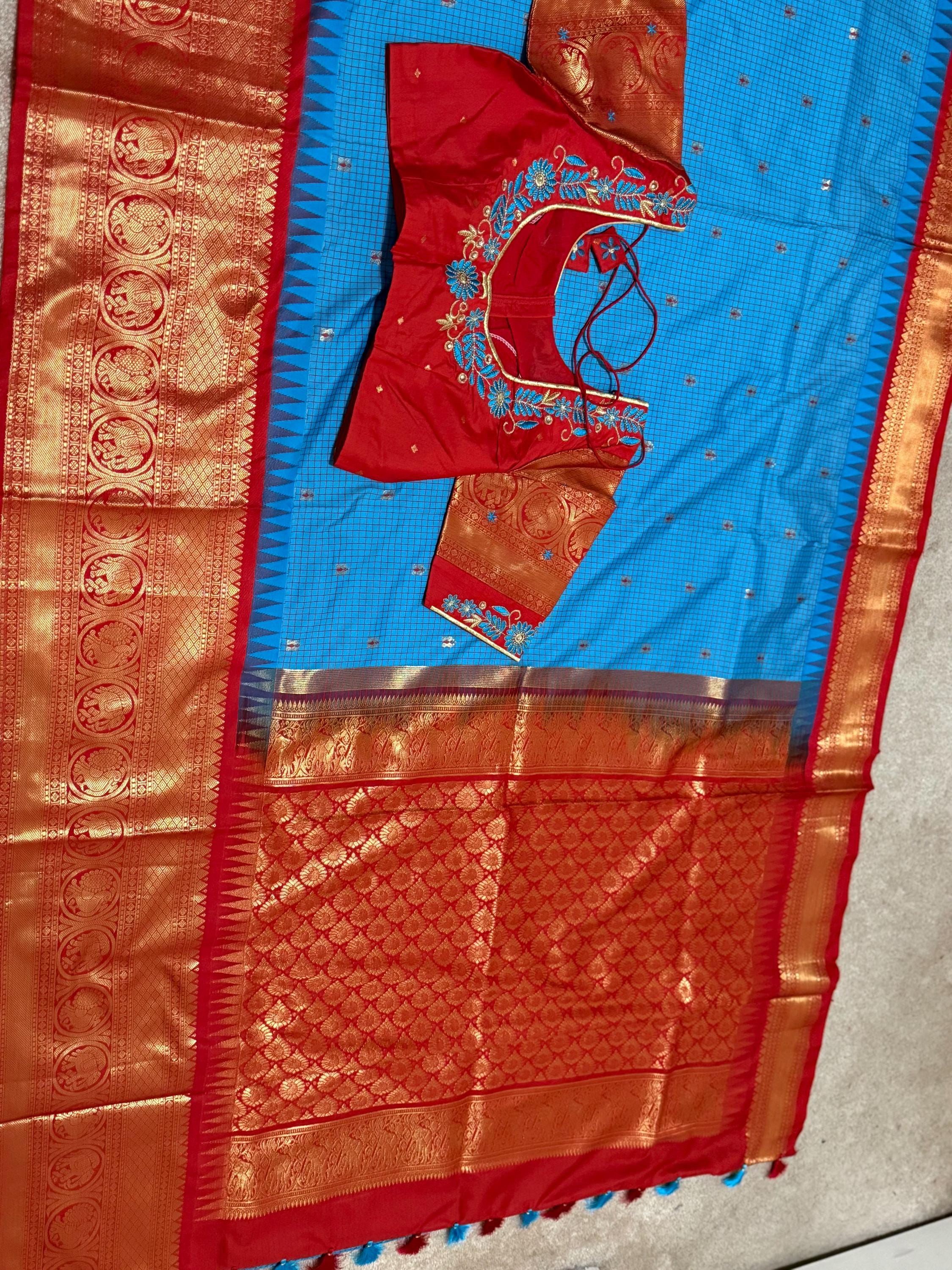 Gadwal Handloom pure silk sarees in rare colors and ready to wear blouse with embroidered blouse fits up to 32 -46 saree is ready fall pico