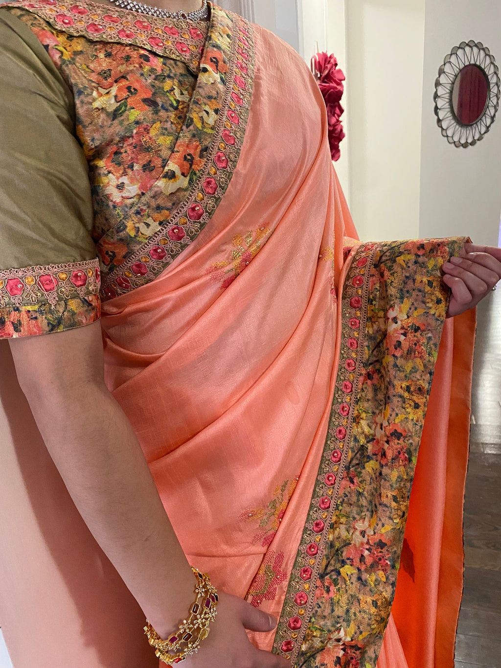 Beautiful Pure Silk Georgette Saree with embroidered blouse and embroidered boarder with ready to wear blouse